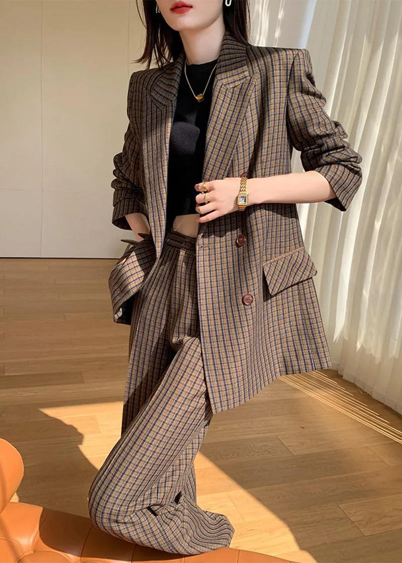 Brown Plaid Blazer Wide Leg Pantsuit Set