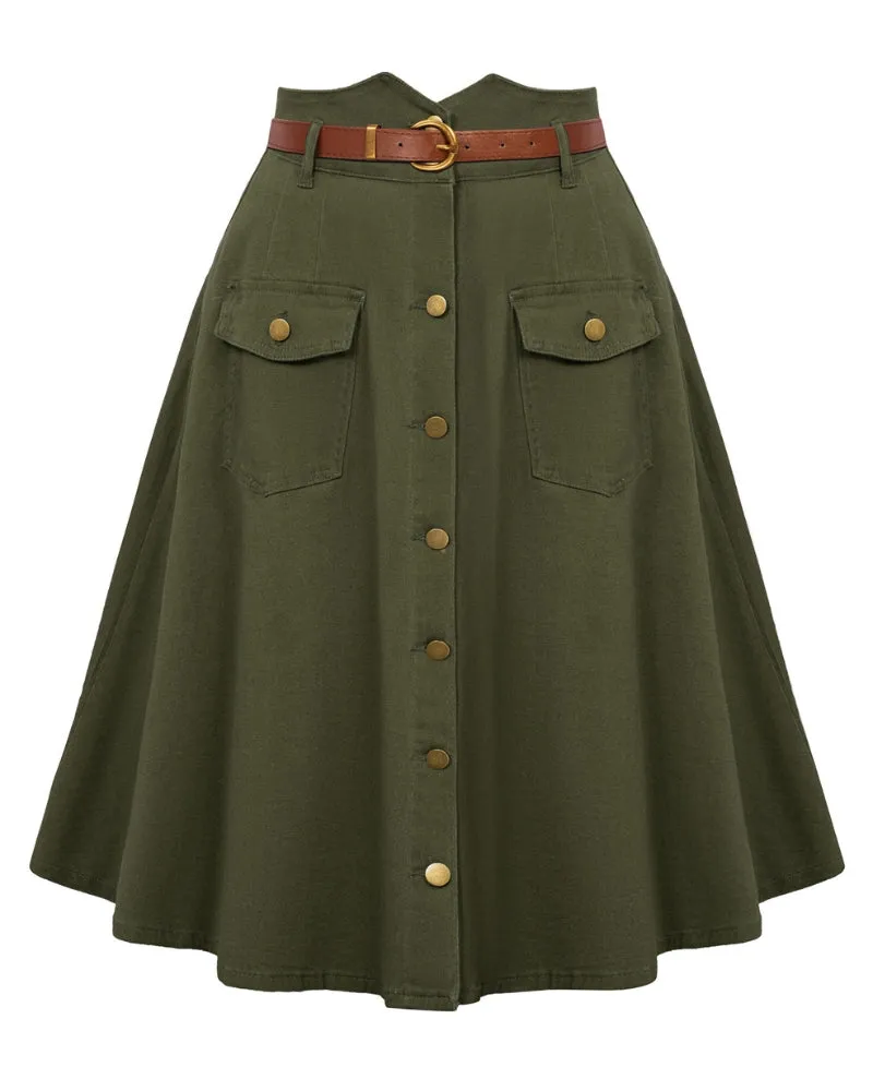 Button-up Skirt with Belt High Waist Flared A-Line Jean Skirt