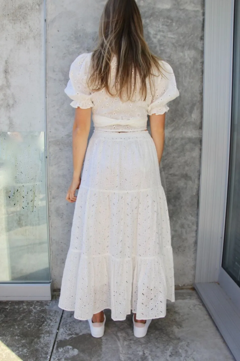 California White Embroidery Anglaise Shirred Waist Tiered Maxi Skirt