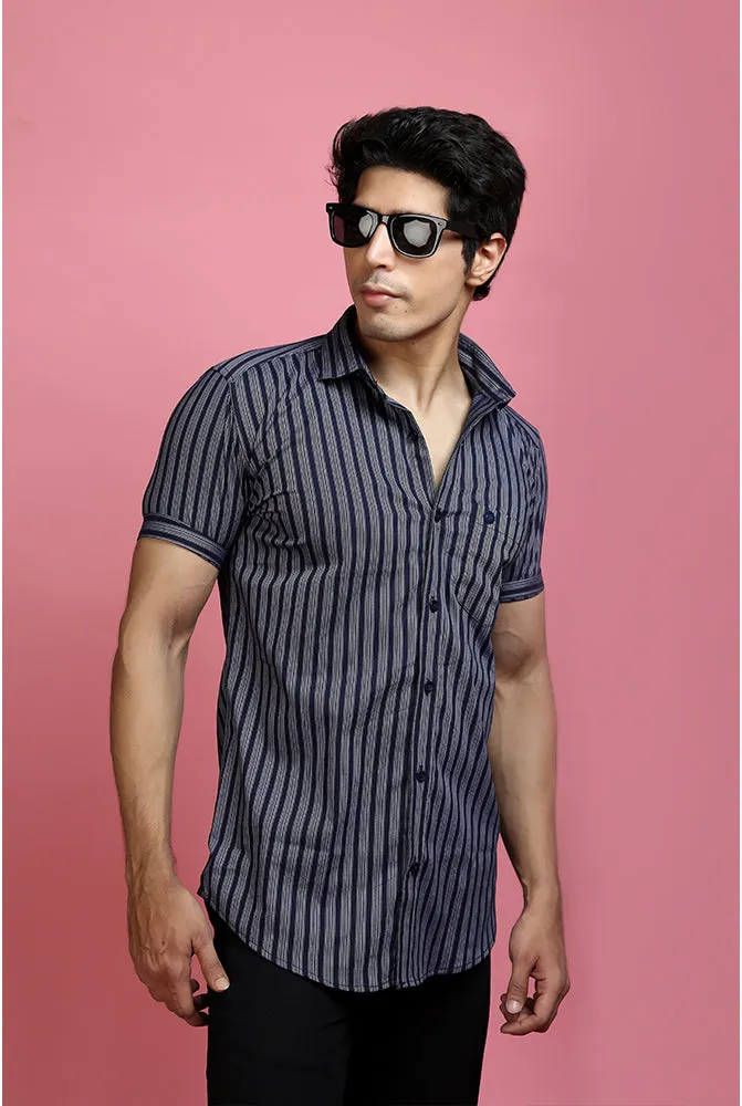 Casual Half Sleeve Shirts - Men Casual Blue Lining Shirt