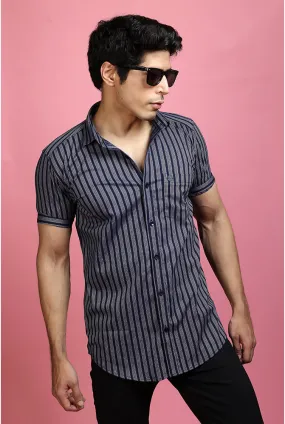 Casual Half Sleeve Shirts - Men Casual Blue Lining Shirt