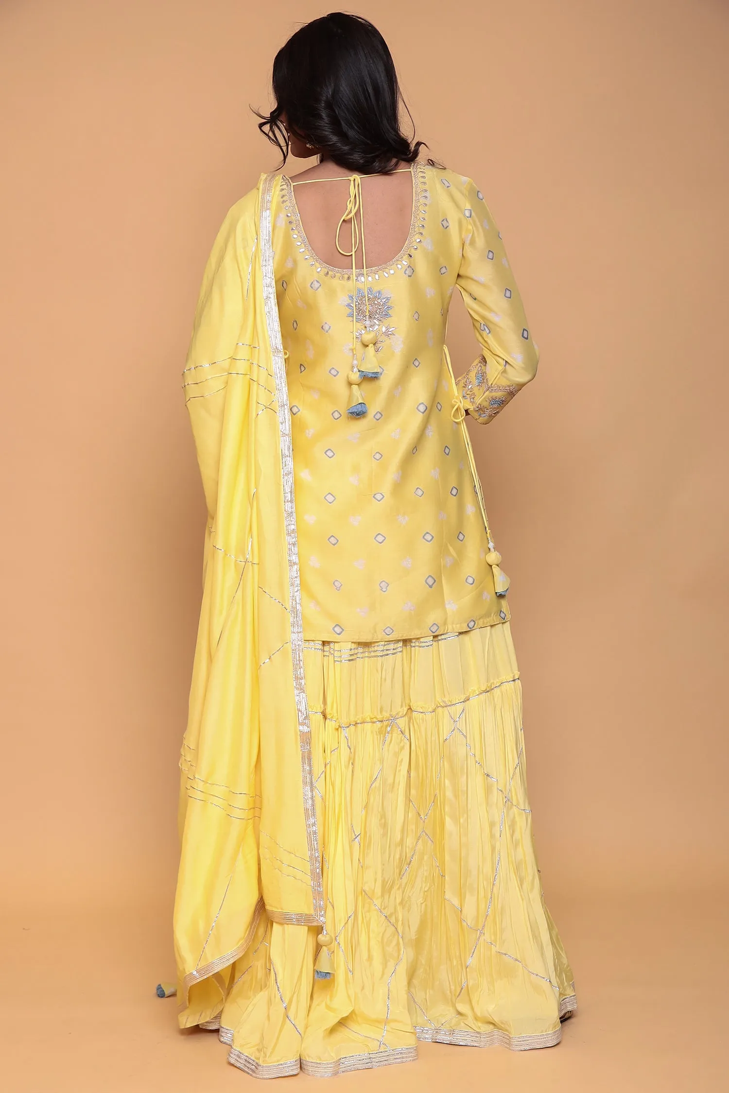 Chanderi Bandhej Suit with Zardozi and Thread work.