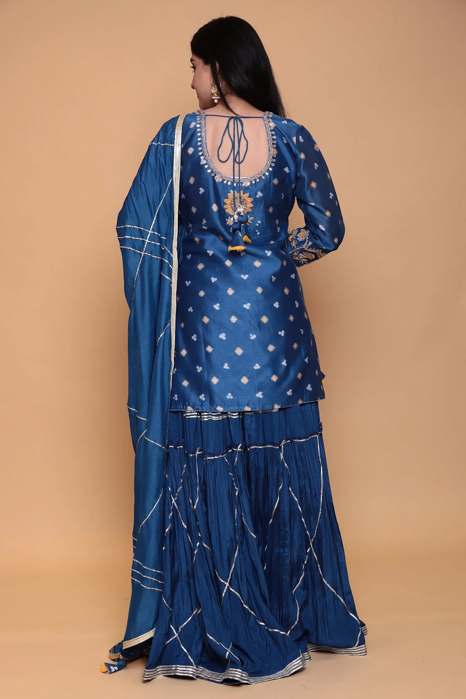 Chanderi Bandhej Suit with Zardozi and Thread work.