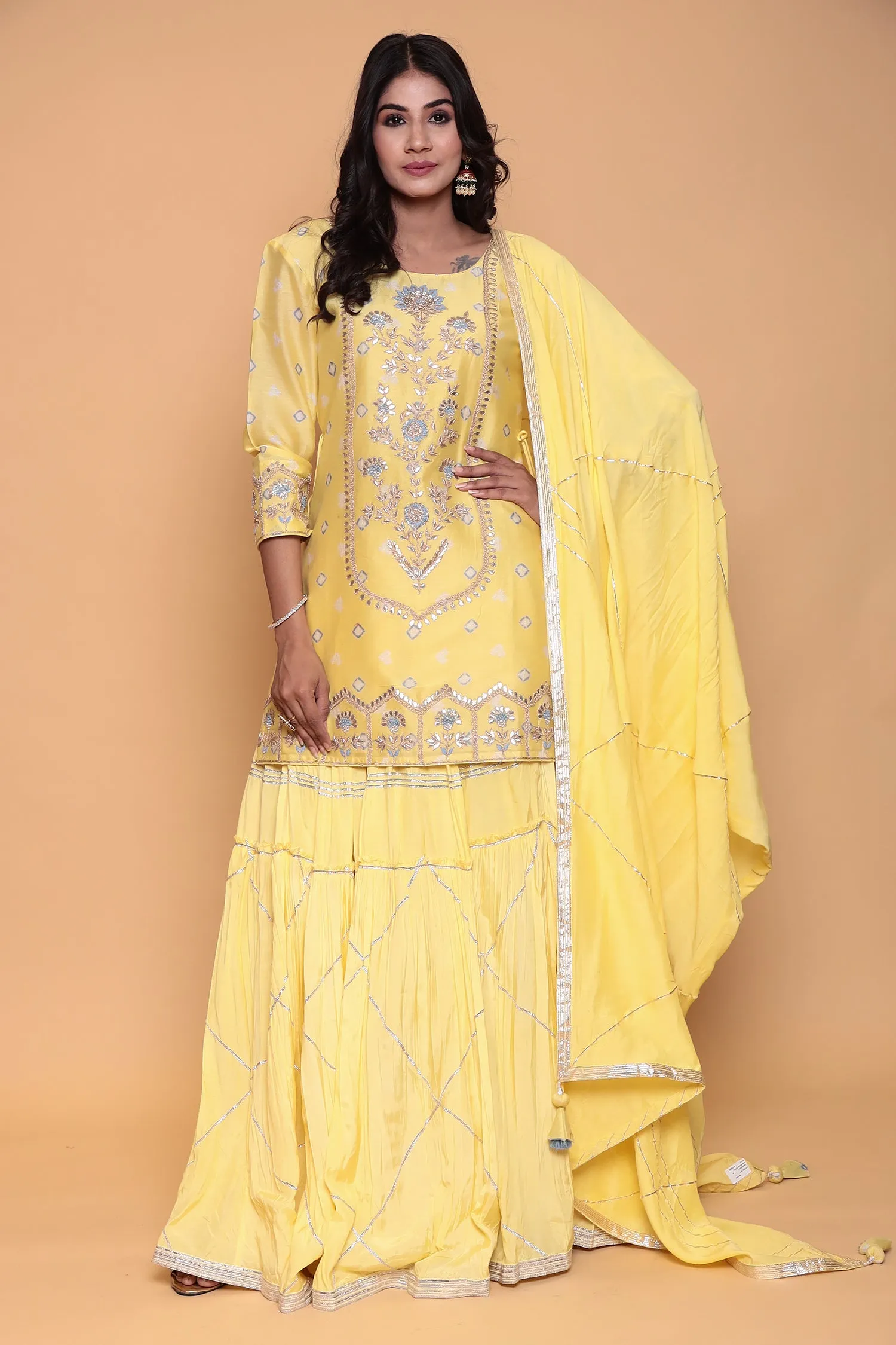 Chanderi Bandhej Suit with Zardozi and Thread work.