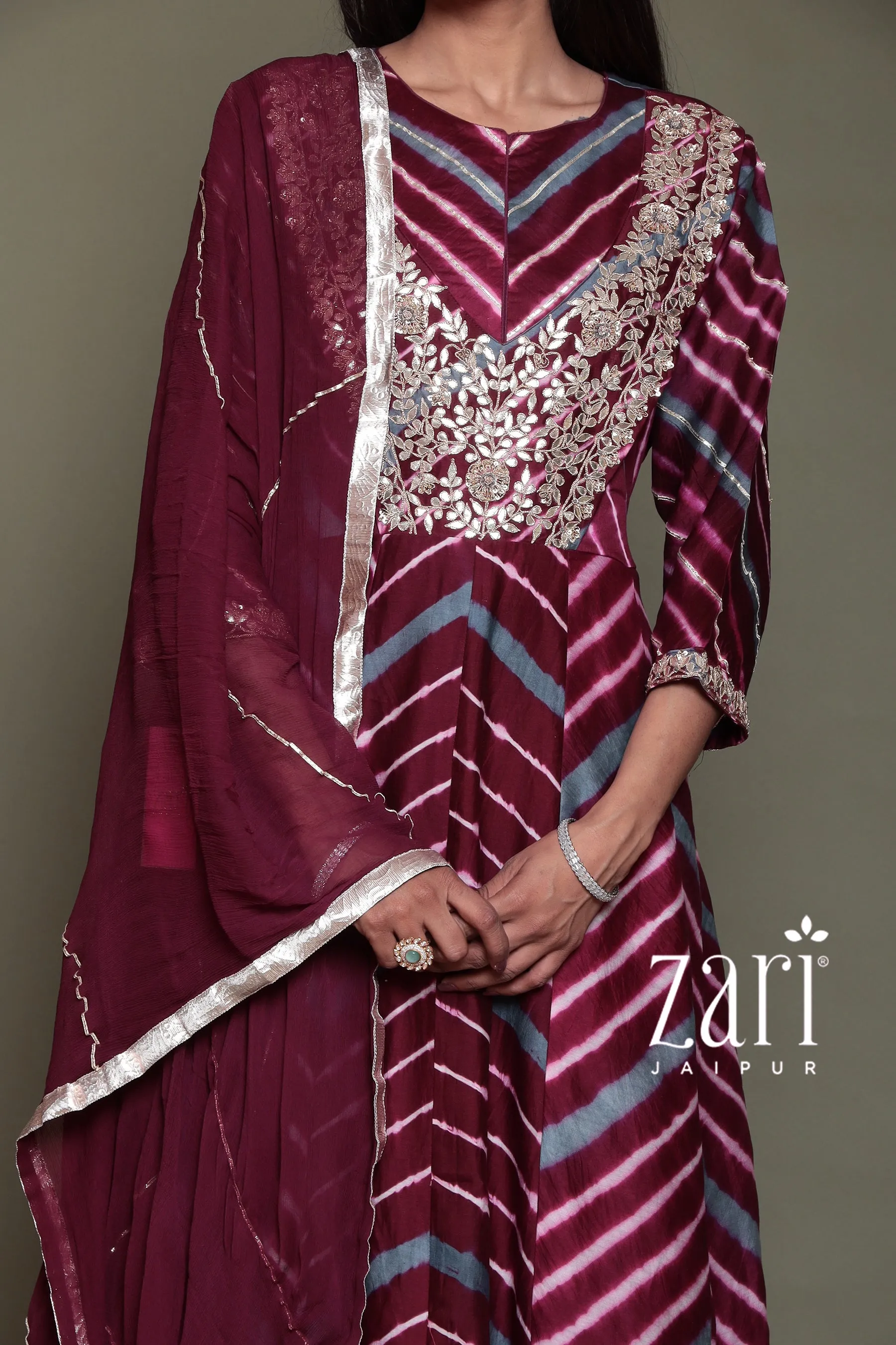 Chanderi silk  Leheriya Suit with Aari, Gota Patti, Sequins, Thread, Zardozi work.