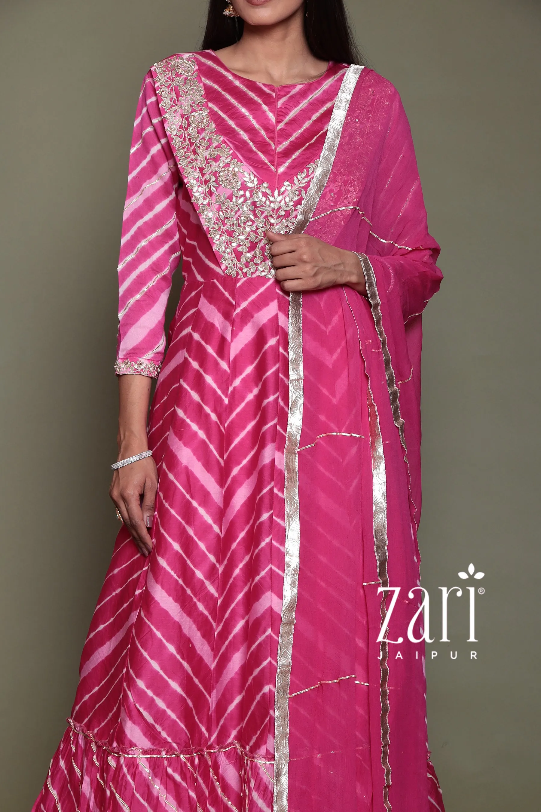 Chanderi silk  Leheriya Suit with Aari, Gota Patti, Sequins, Thread, Zardozi work.