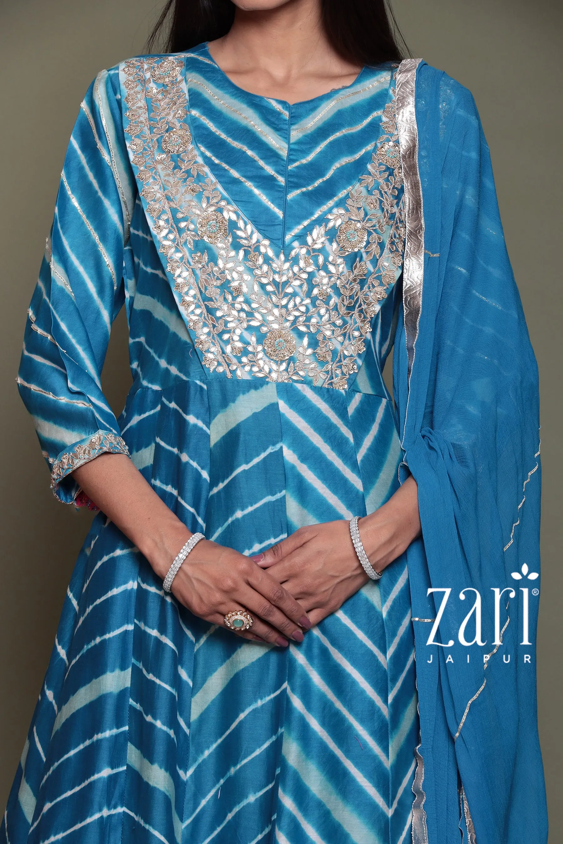 Chanderi silk  Leheriya Suit with Aari, Gota Patti, Sequins, Thread, Zardozi work.