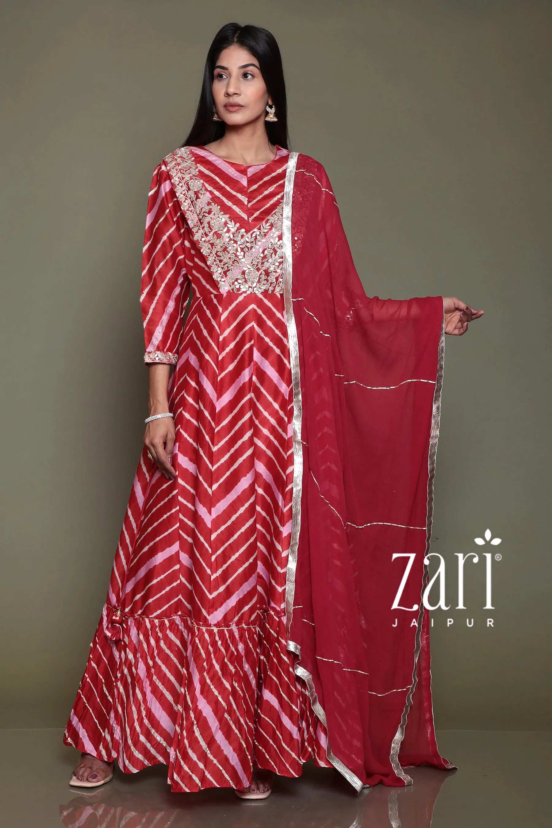 Chanderi silk  Leheriya Suit with Aari, Gota Patti, Sequins, Thread, Zardozi work.