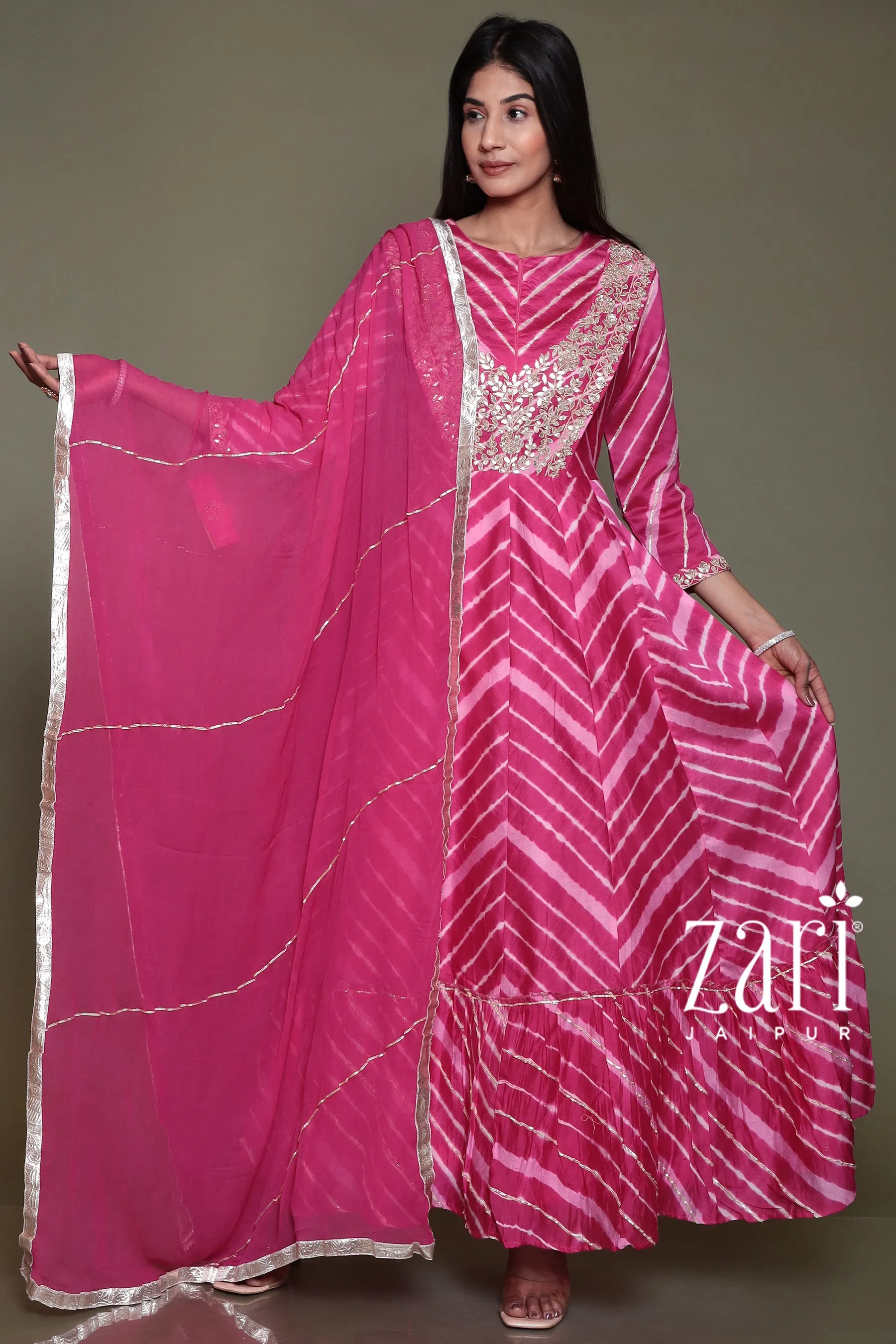 Chanderi silk  Leheriya Suit with Aari, Gota Patti, Sequins, Thread, Zardozi work.