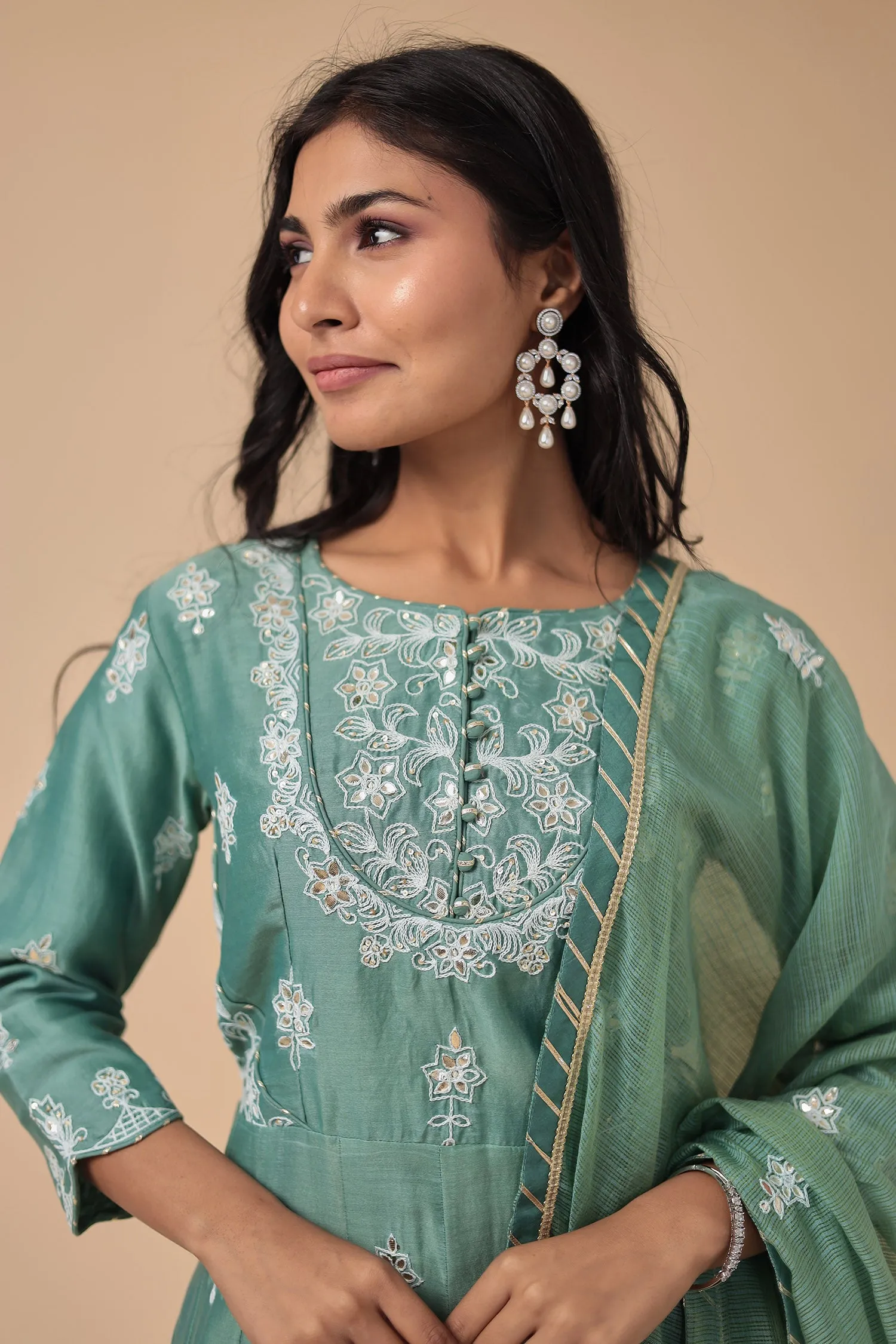 Chanderi Silk Peplum Suit with Embroidered work