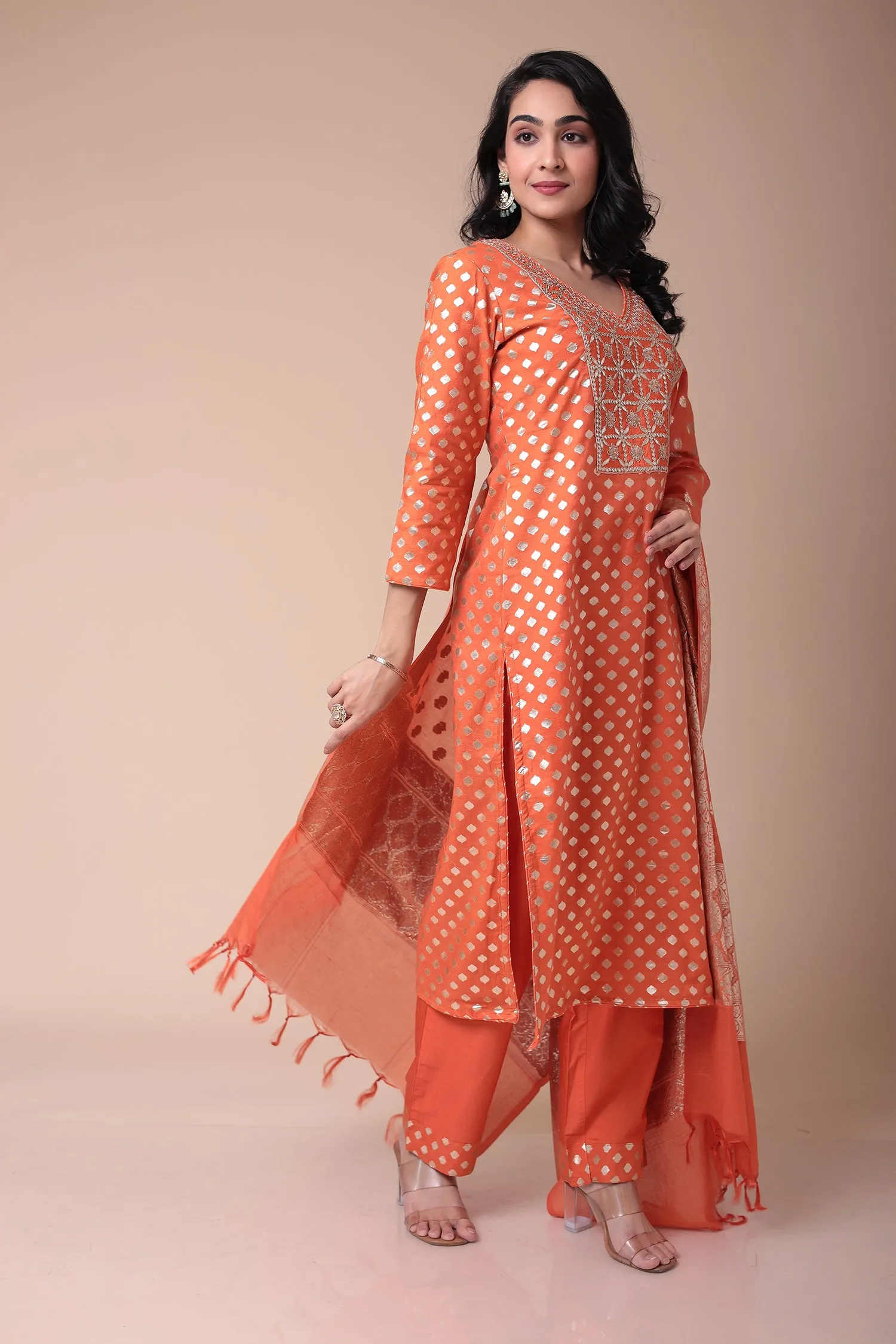 Chanderi Straight Suit with Dori and Embroidered work