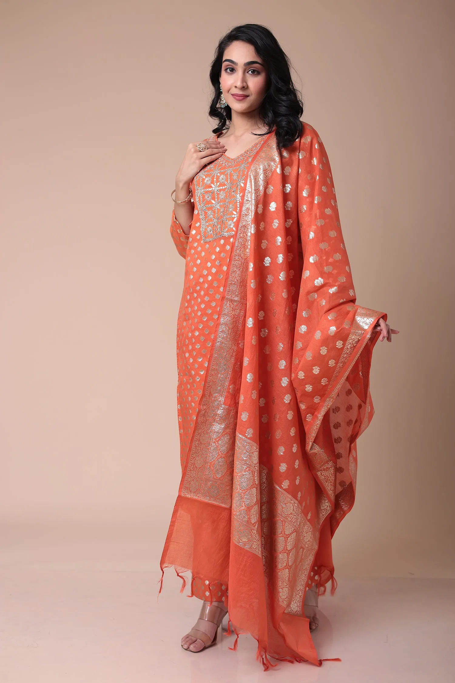 Chanderi Straight Suit with Dori and Embroidered work