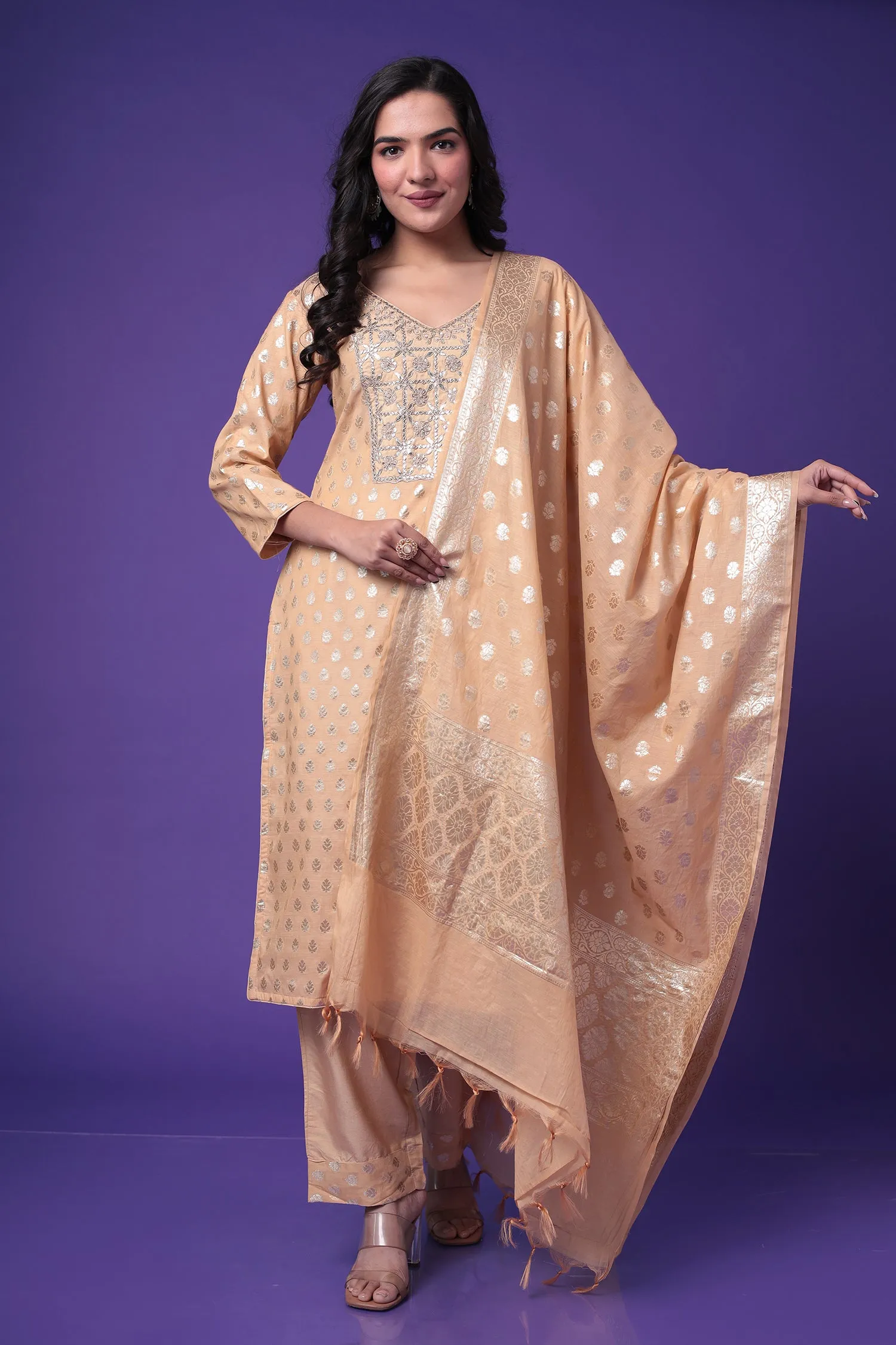 Chanderi Straight Suit with Dori and Embroidered work