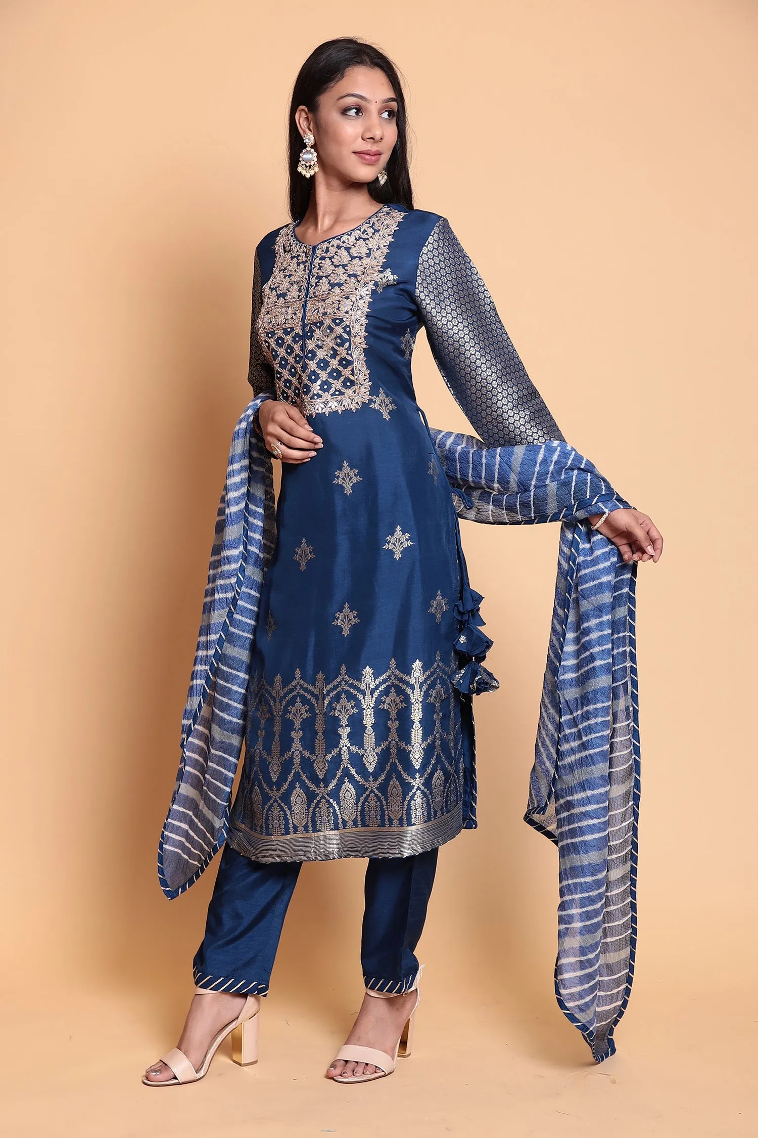 Chanderi Suit Stitched with Gota Patti work.