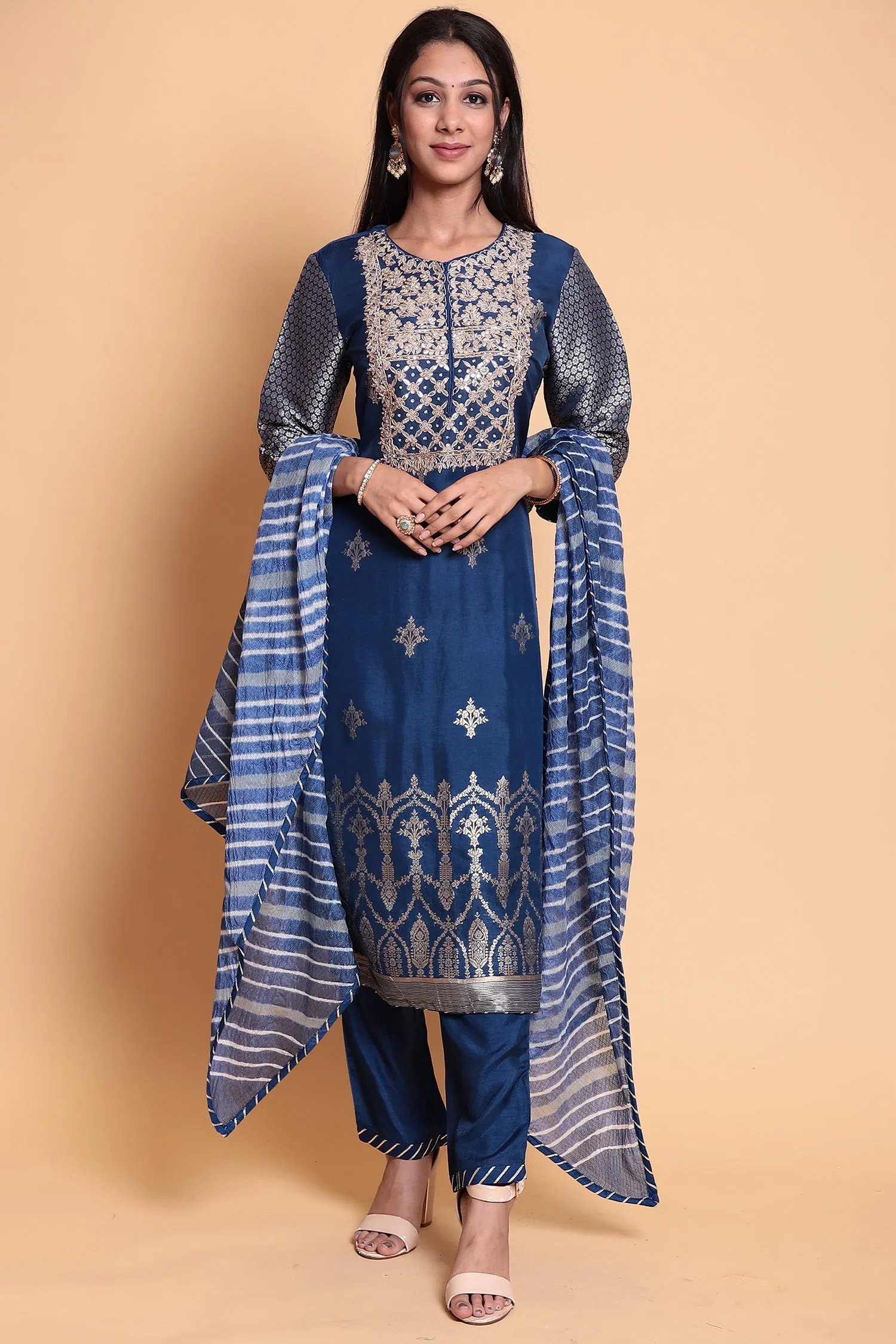 Chanderi Suit Stitched with Gota Patti work.