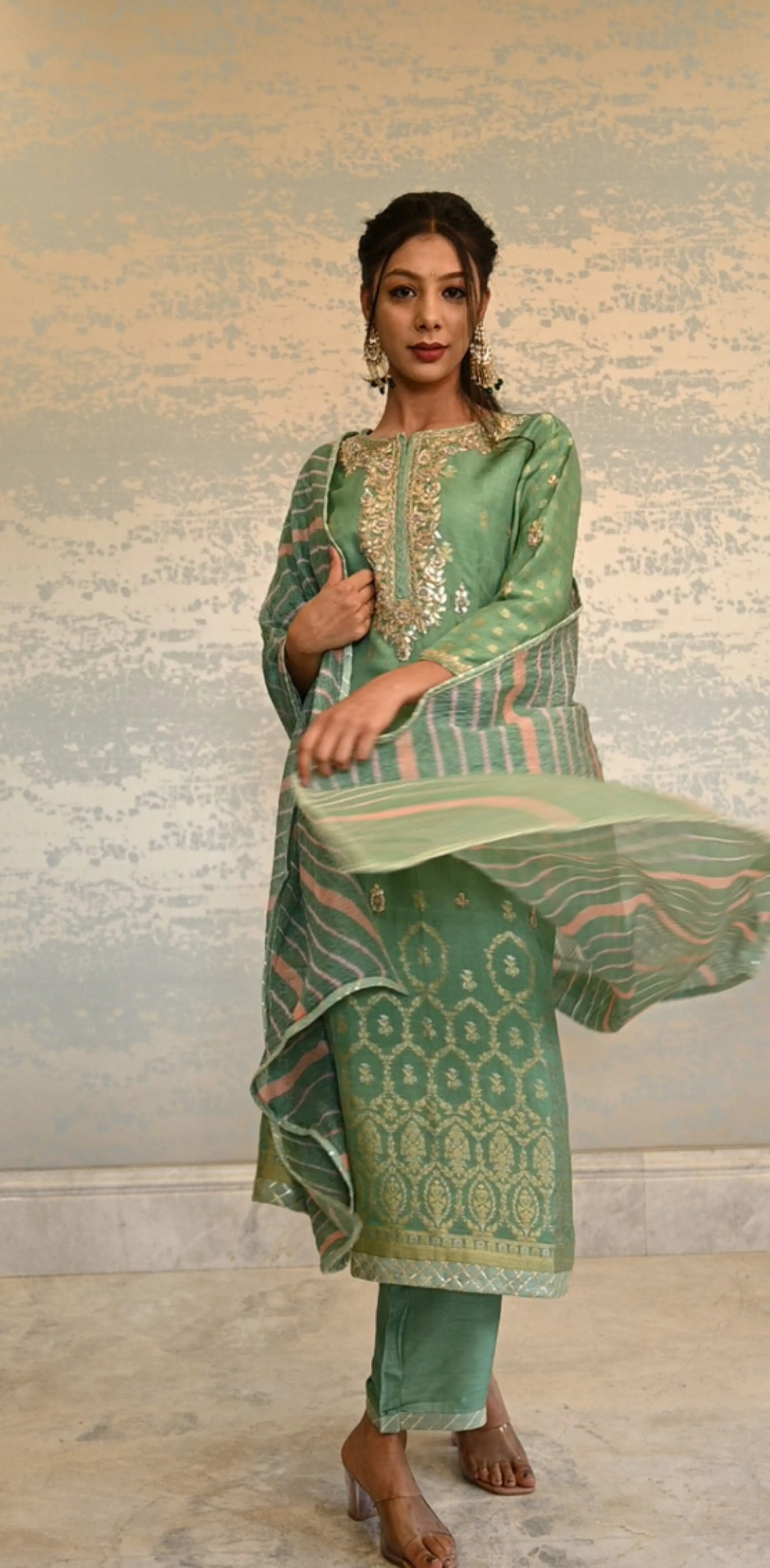 Chanderi Suit Stitched with Gota Patti work.