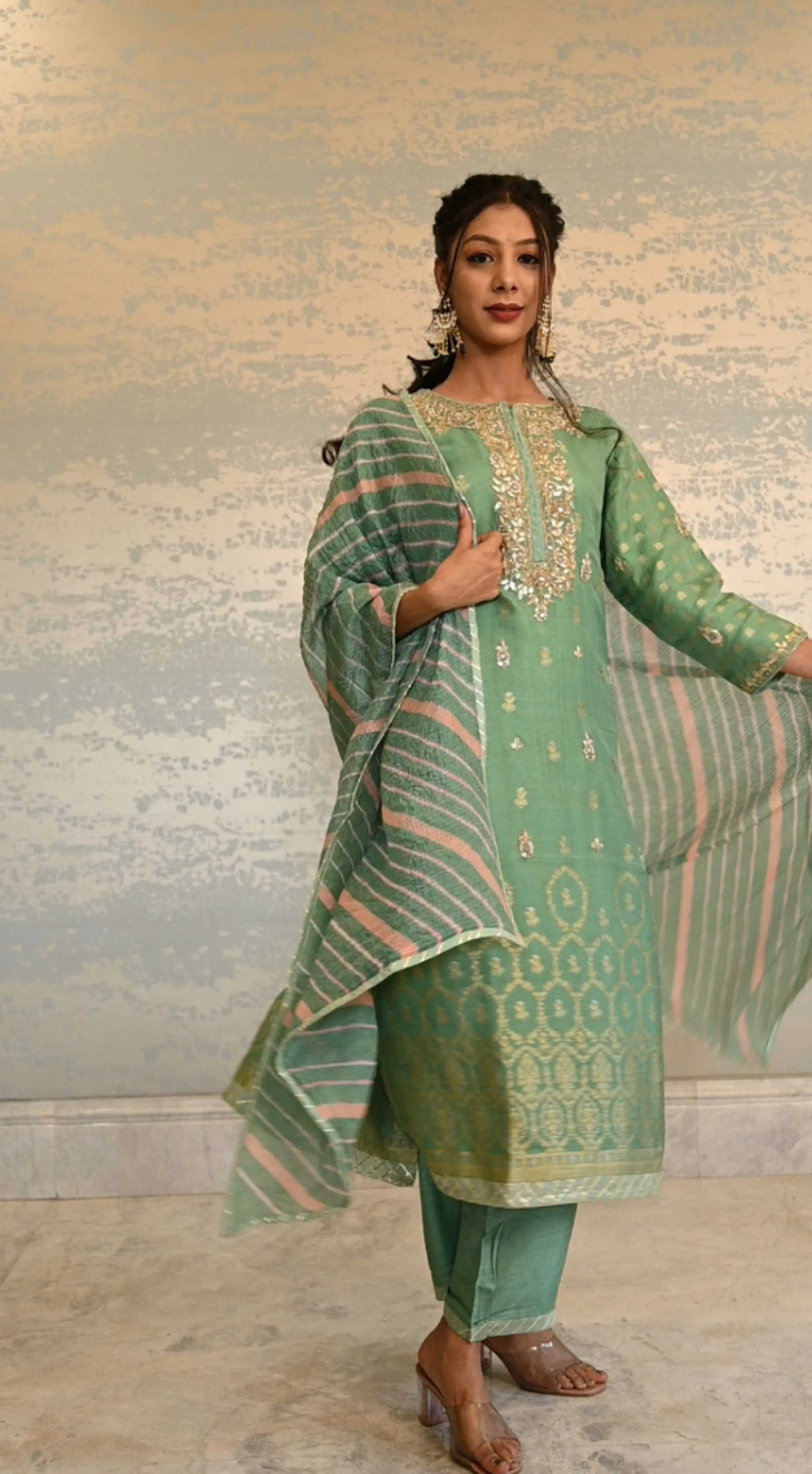 Chanderi Suit Stitched with Gota Patti work.