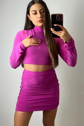 Charlie Fuchsia High Neck Crop Top and Ruched Mini Skirt Co-Ord Set