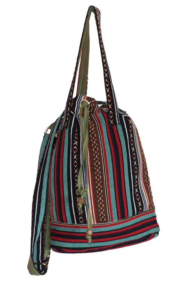 Cotton canvas bohemian hippie bucket bag-Brown-One size