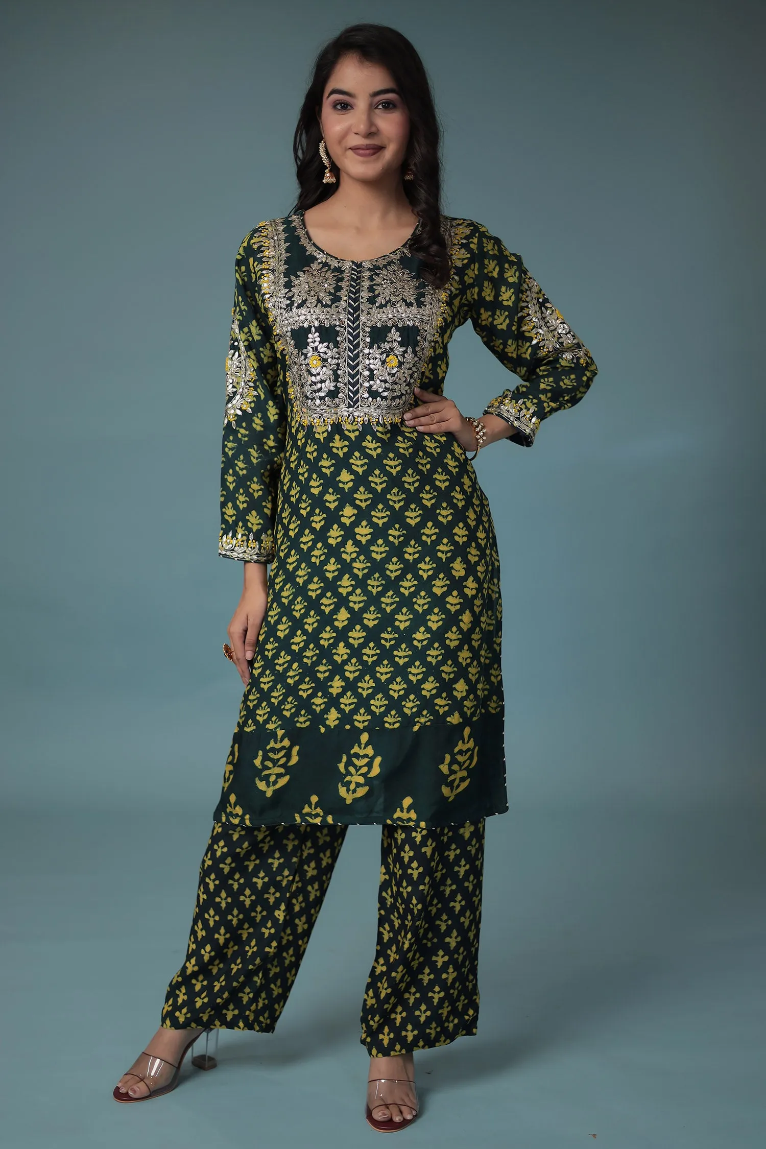 Cotton Silk Dabu Print Suit with Hand Aari work.