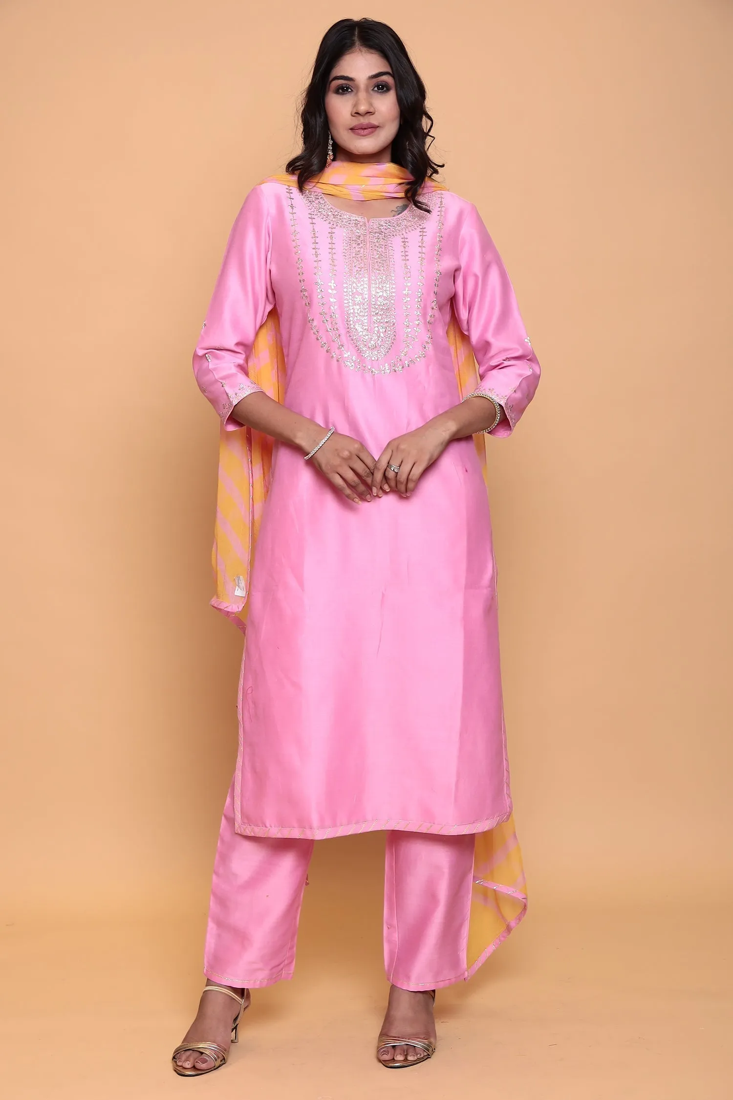 Cotton silk Kurta with Pittan work.