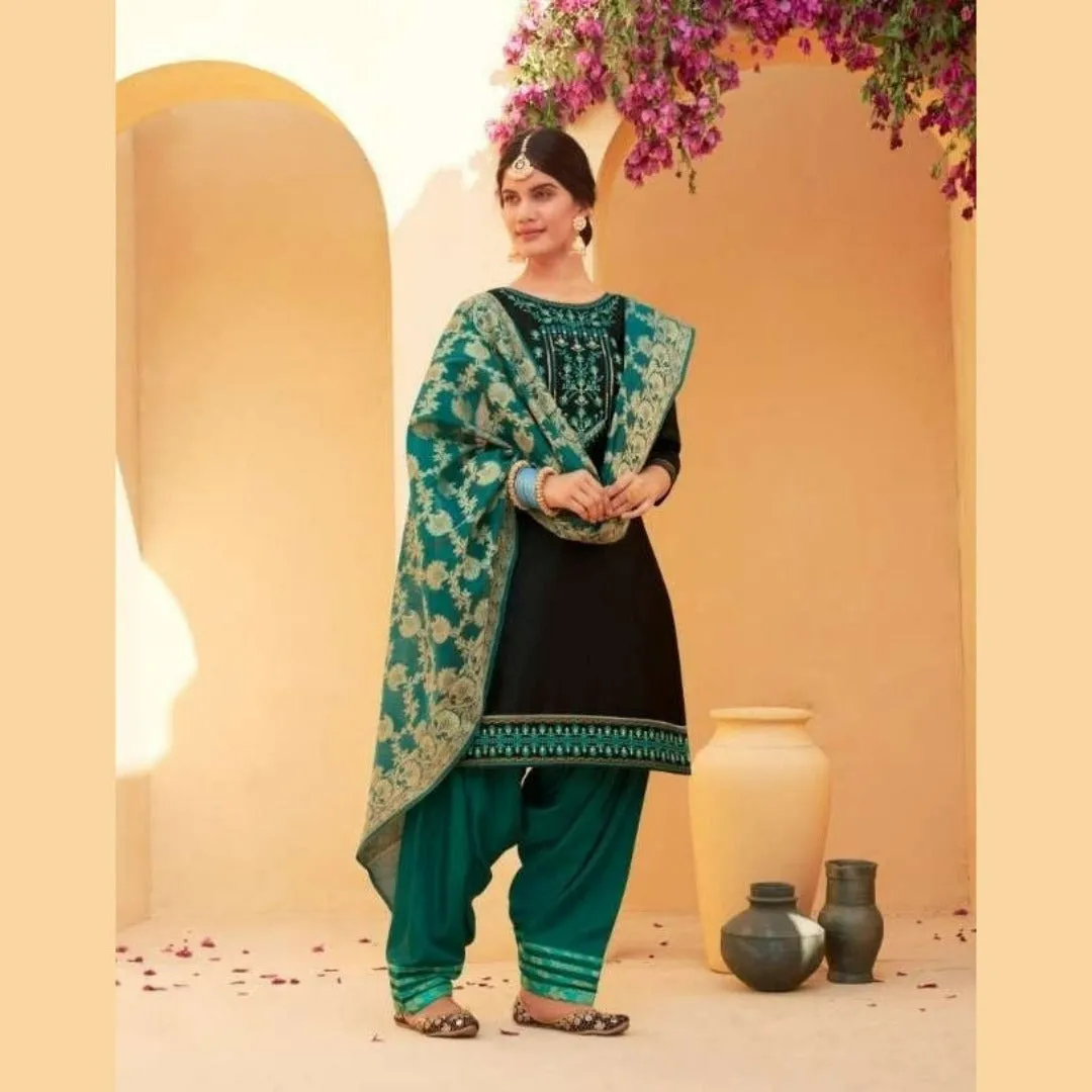 Cotton Silk Patiala Suit with Benaresi Dupatta - Navy Blue