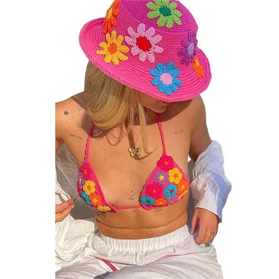 Crochet Daisies Bucket Hat 9 Different Colors And Styles Flowers Polka Dots Knitted Wide Brim Is Great Outdoor Sun Protection For Festivals