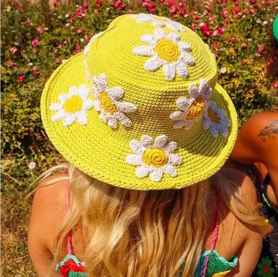 Crochet Daisies Bucket Hat 9 Different Colors And Styles Flowers Polka Dots Knitted Wide Brim Is Great Outdoor Sun Protection For Festivals