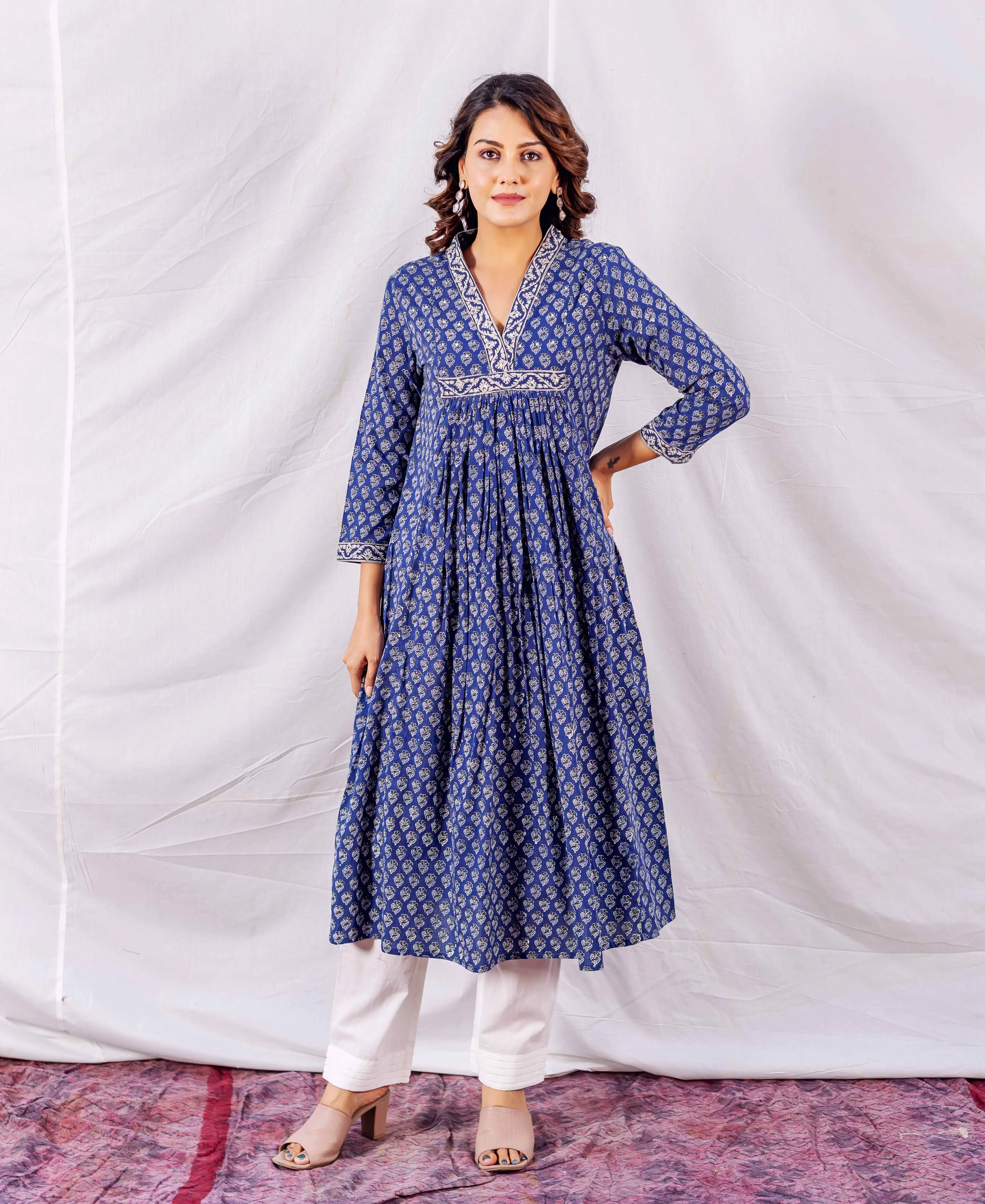 Eesha Indigo A-Line Block Printed Kurta