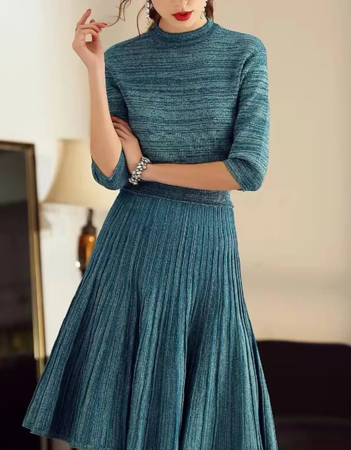 Elegant Knitted Midi Skirt And Long Sleeve Top Set