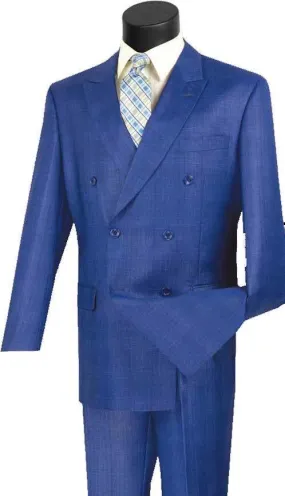 Executive Double Breasted Regular Fit Glen Plaid Suit - Color Blue