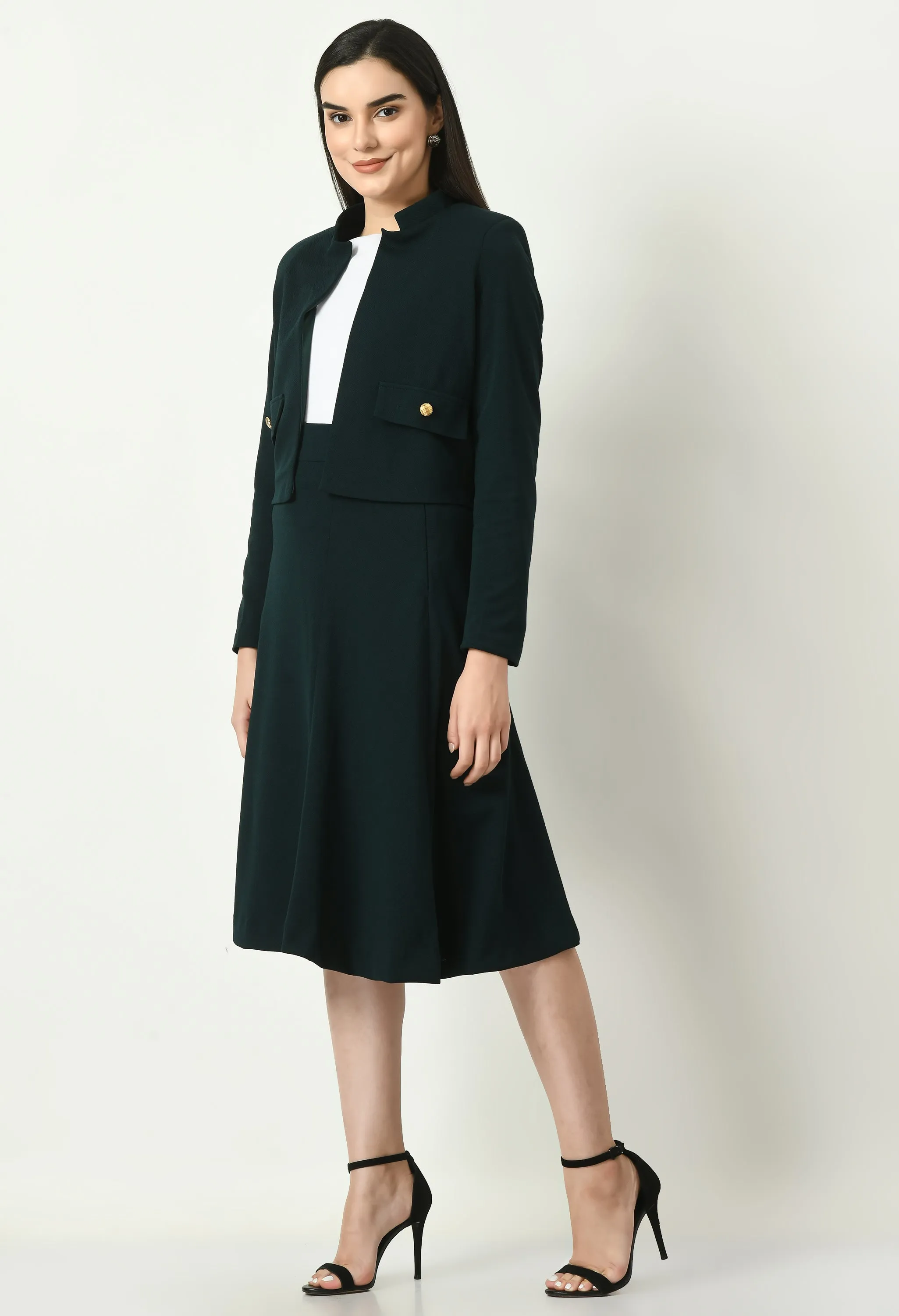 Exude Exuberant Mandarin Collar Blazer with Midi A-line Skirt (Emerald Green)