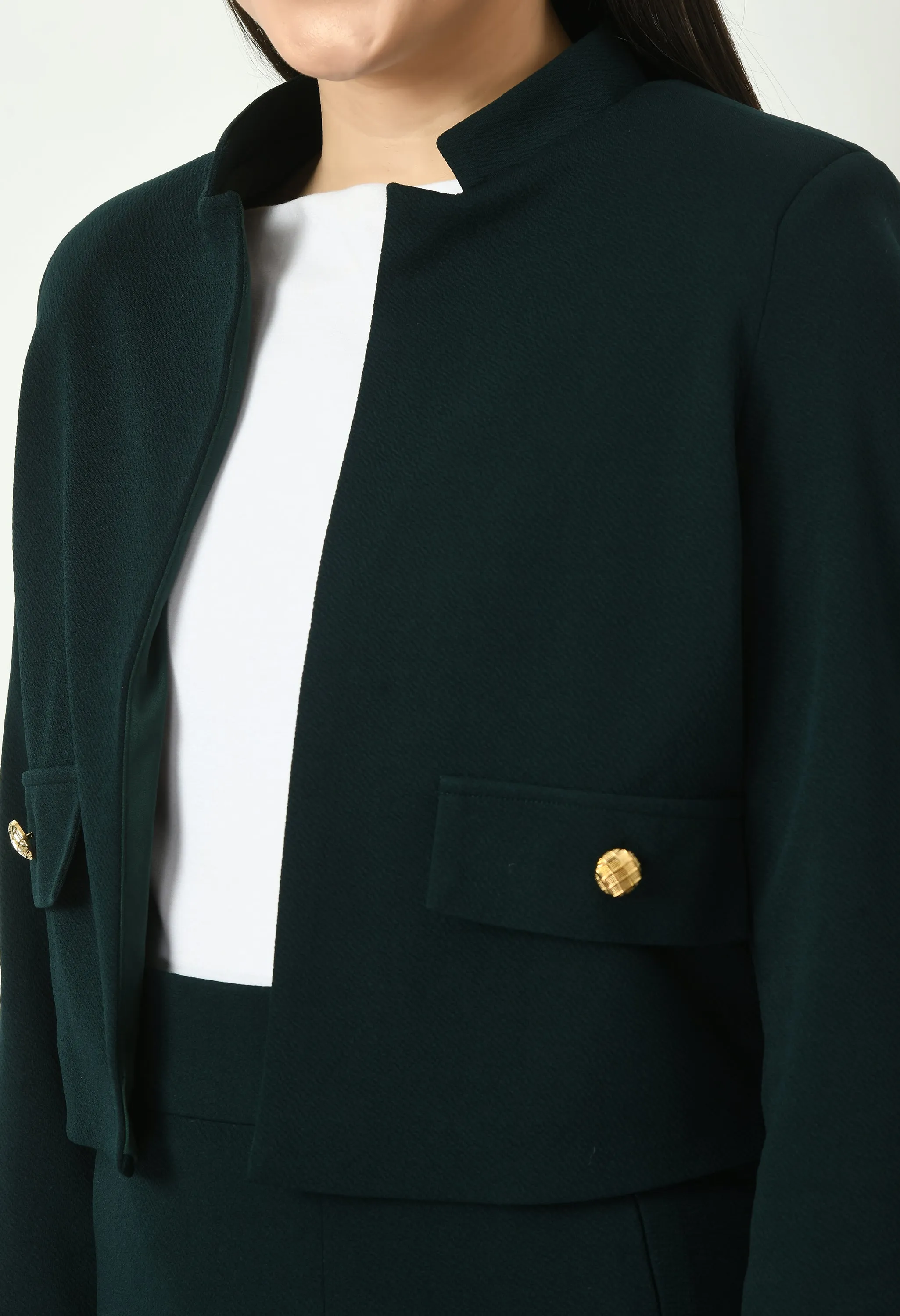 Exude Exuberant Mandarin Collar Blazer with Midi A-line Skirt (Emerald Green)