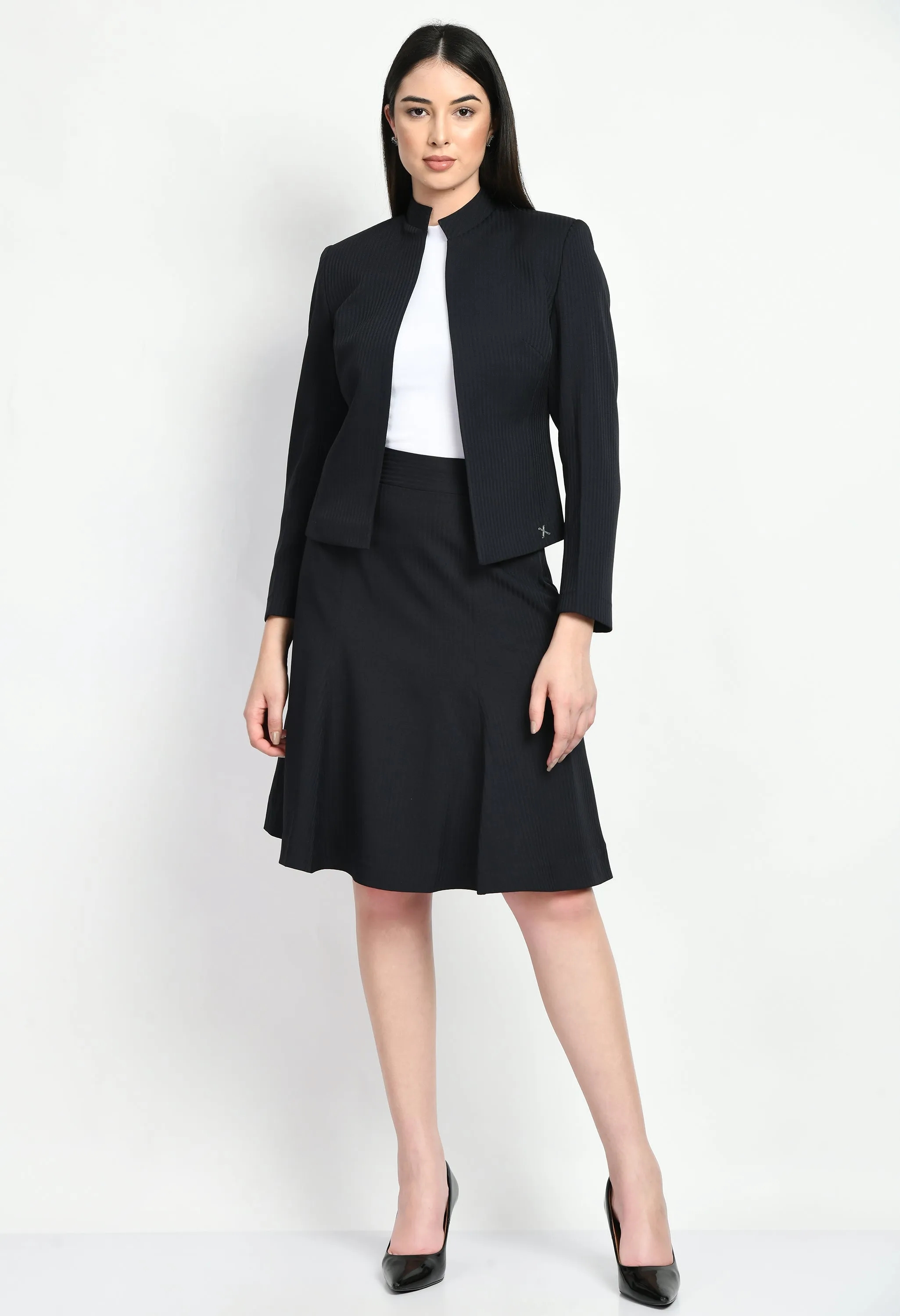 Exude Intelligence Striped Short Blazer A-line Skirt Suit (Navy)