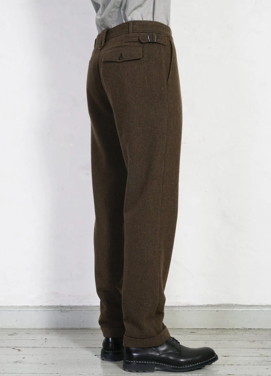 FINN | Side Buckle Regular Trousers | Brown Herringbone