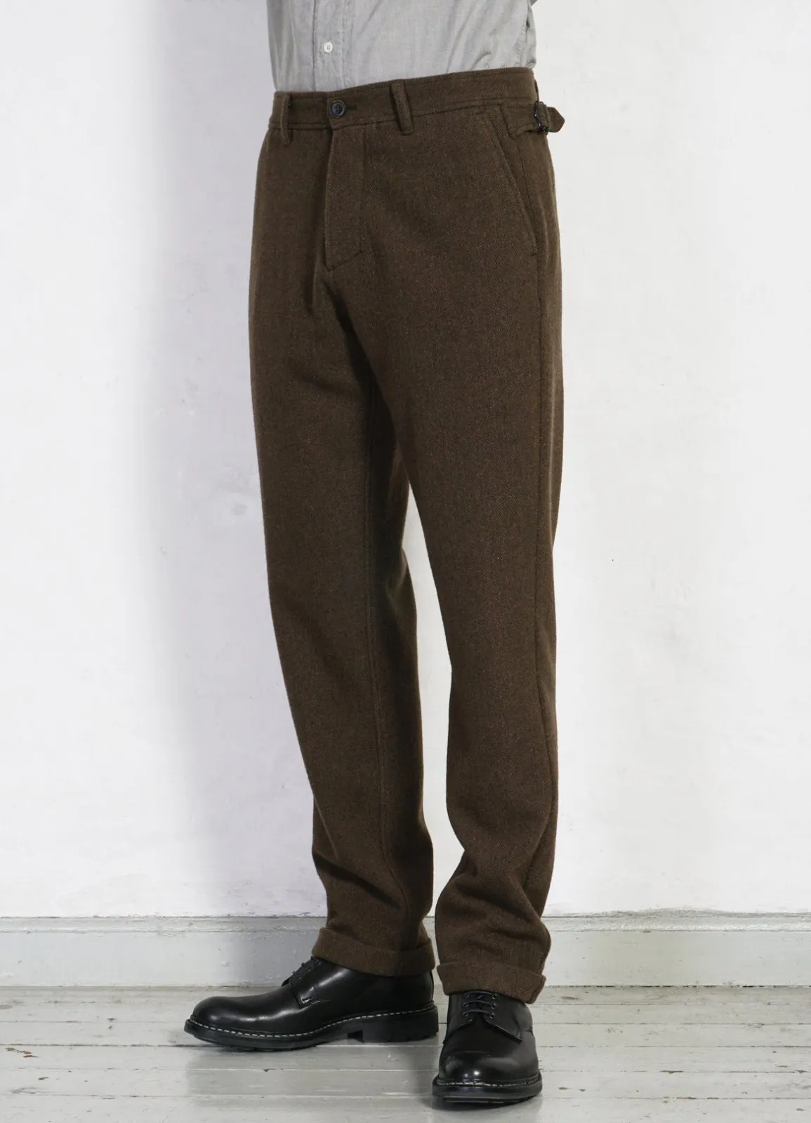 FINN | Side Buckle Regular Trousers | Brown Herringbone