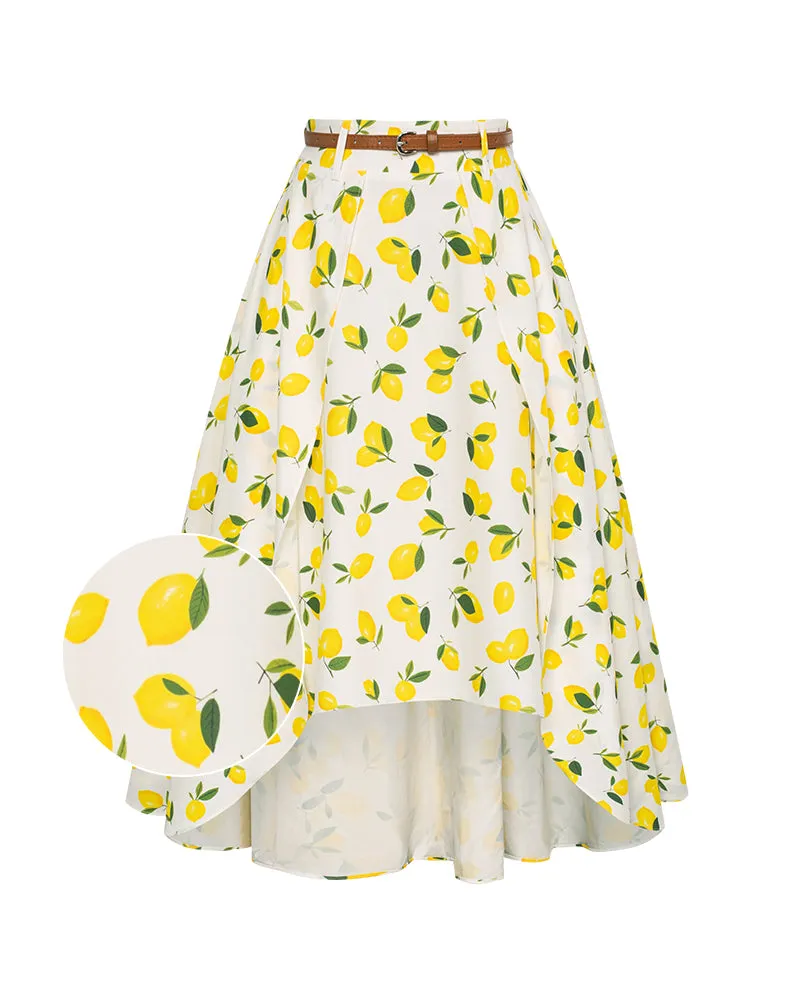 Floral Patterns High Low A Line Skirts Vintage High Waisted Midi Flowy Skirts with Belt