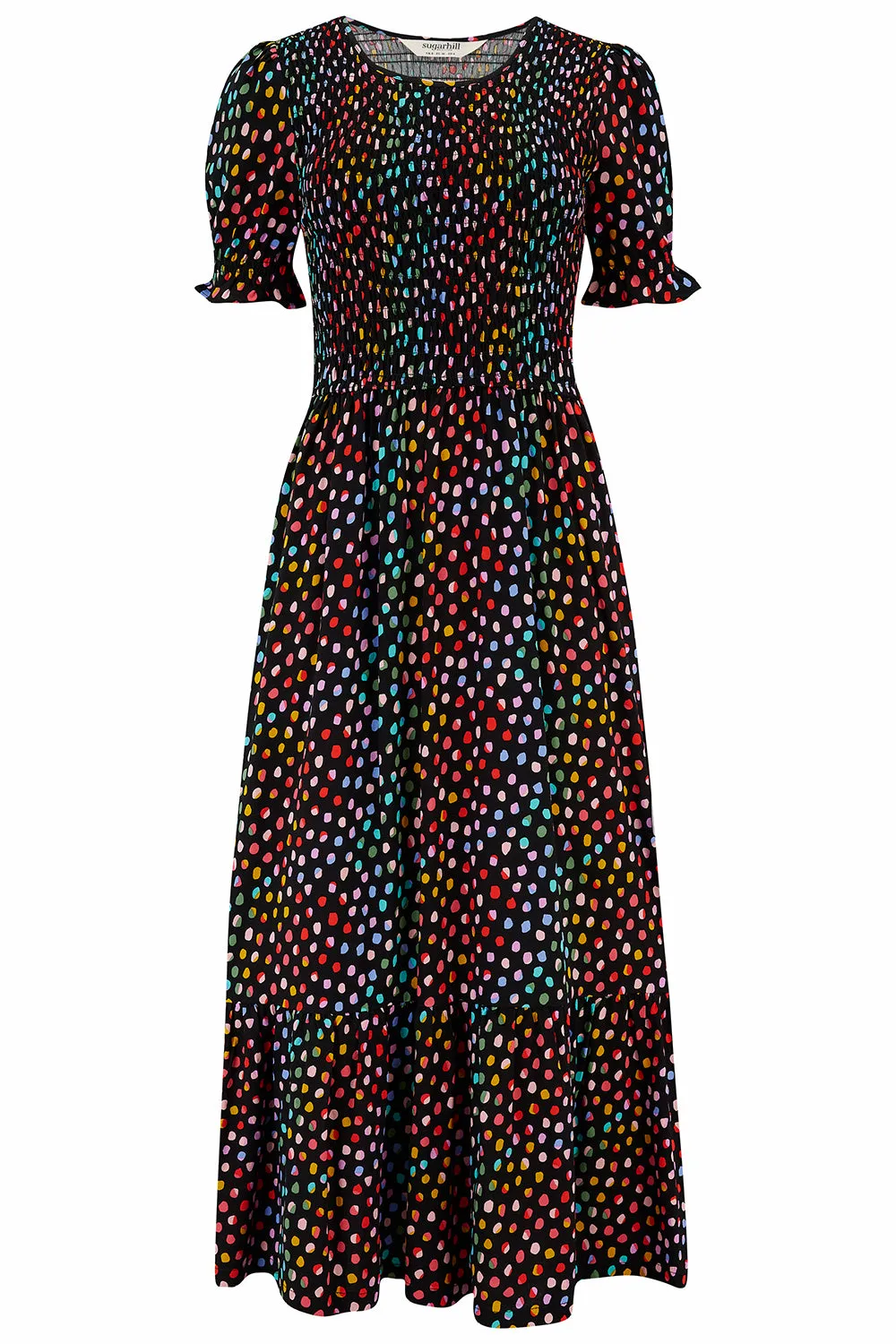 Gemma Midi Shirred Dress - Black, Rainbow Pebbles