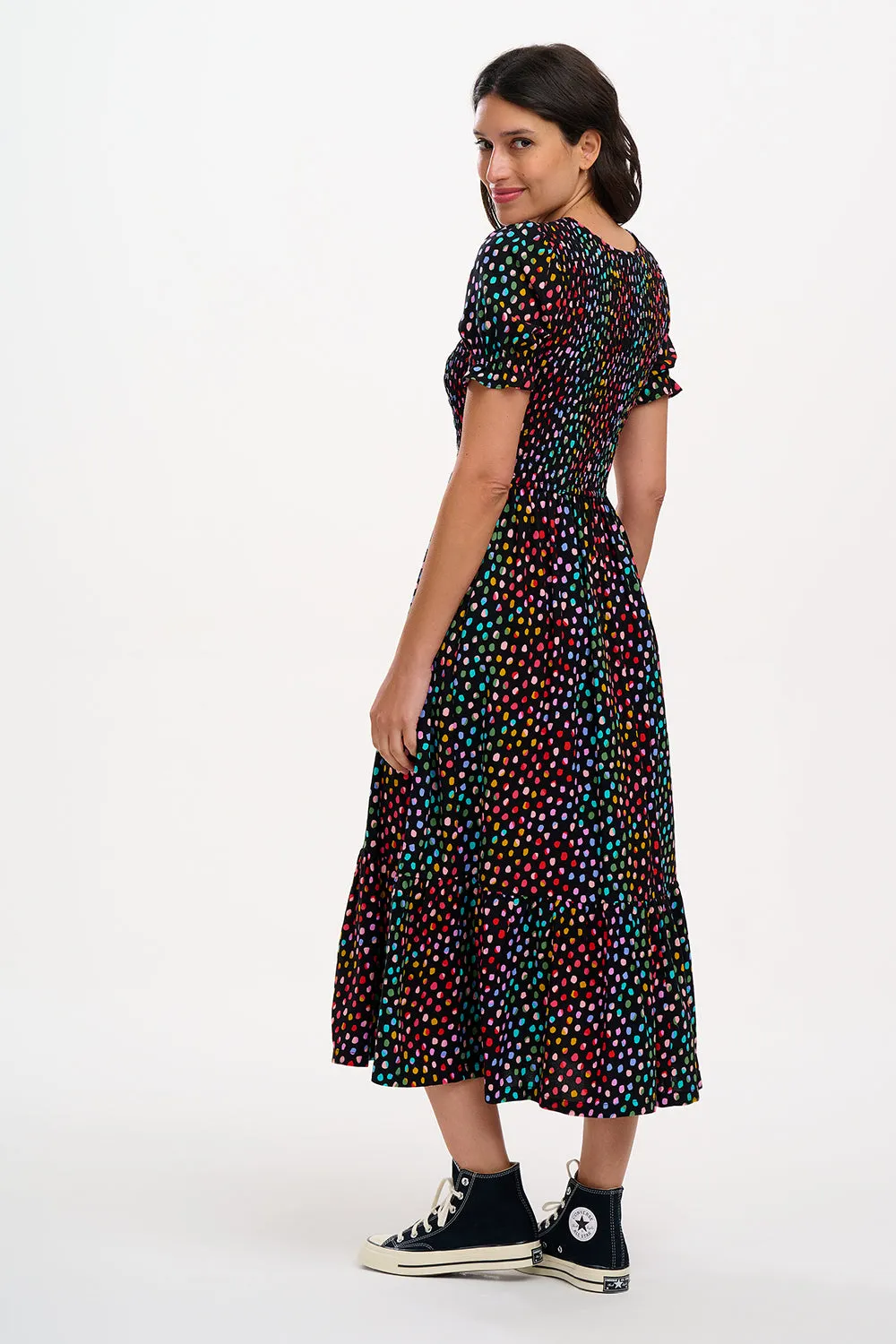 Gemma Midi Shirred Dress - Black, Rainbow Pebbles