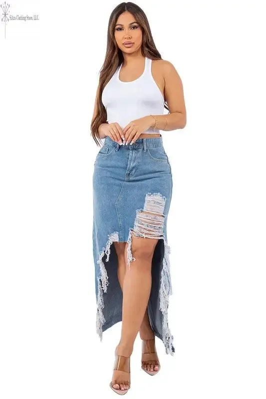 High Low Denim Skirt Distresses