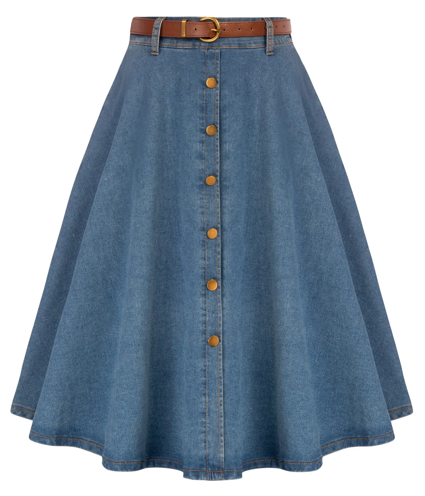 Jean Skirt with Belt Elastic High Waist A-Line Midi Skirt