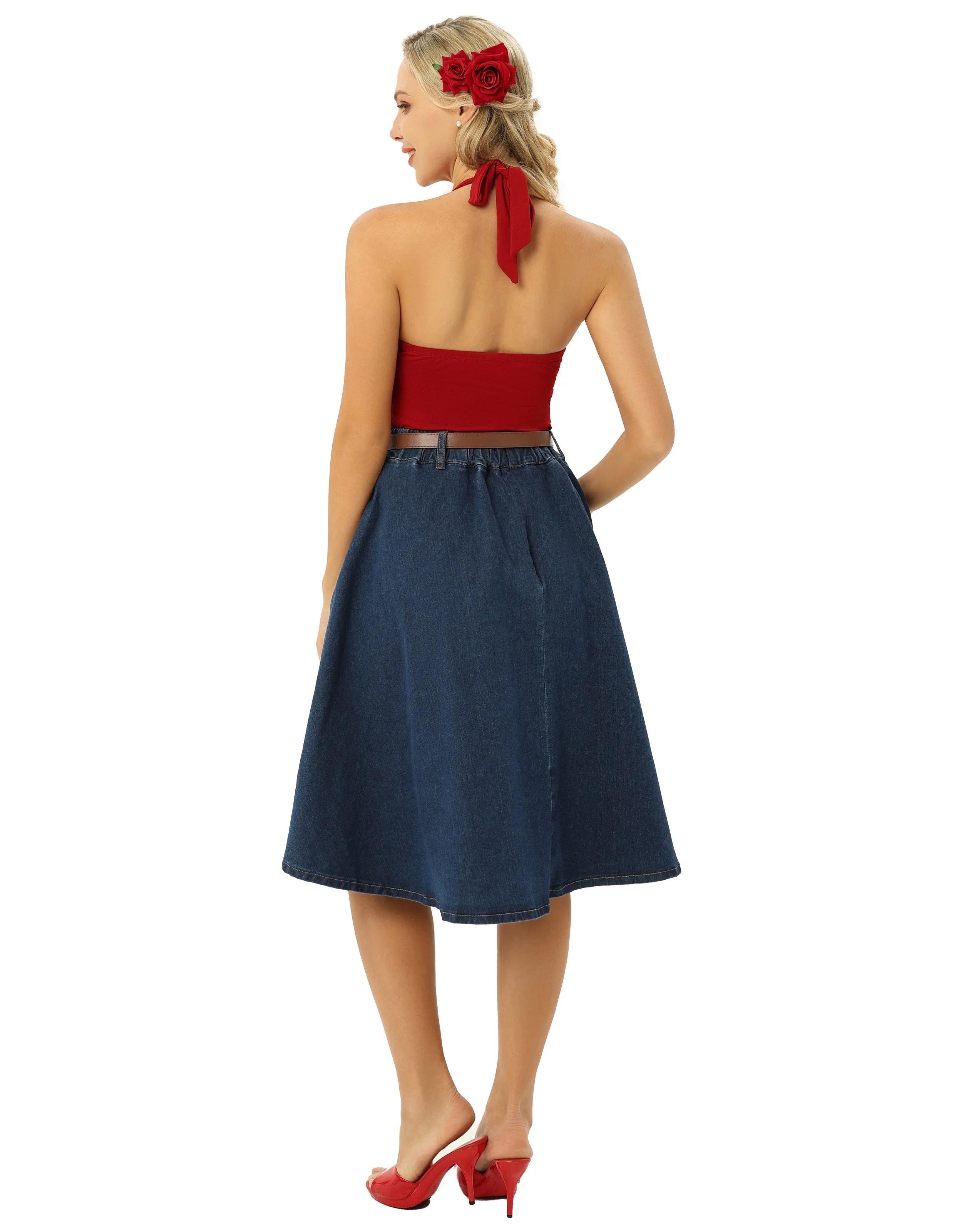 Jean Skirt with Belt Elastic High Waist A-Line Midi Skirt