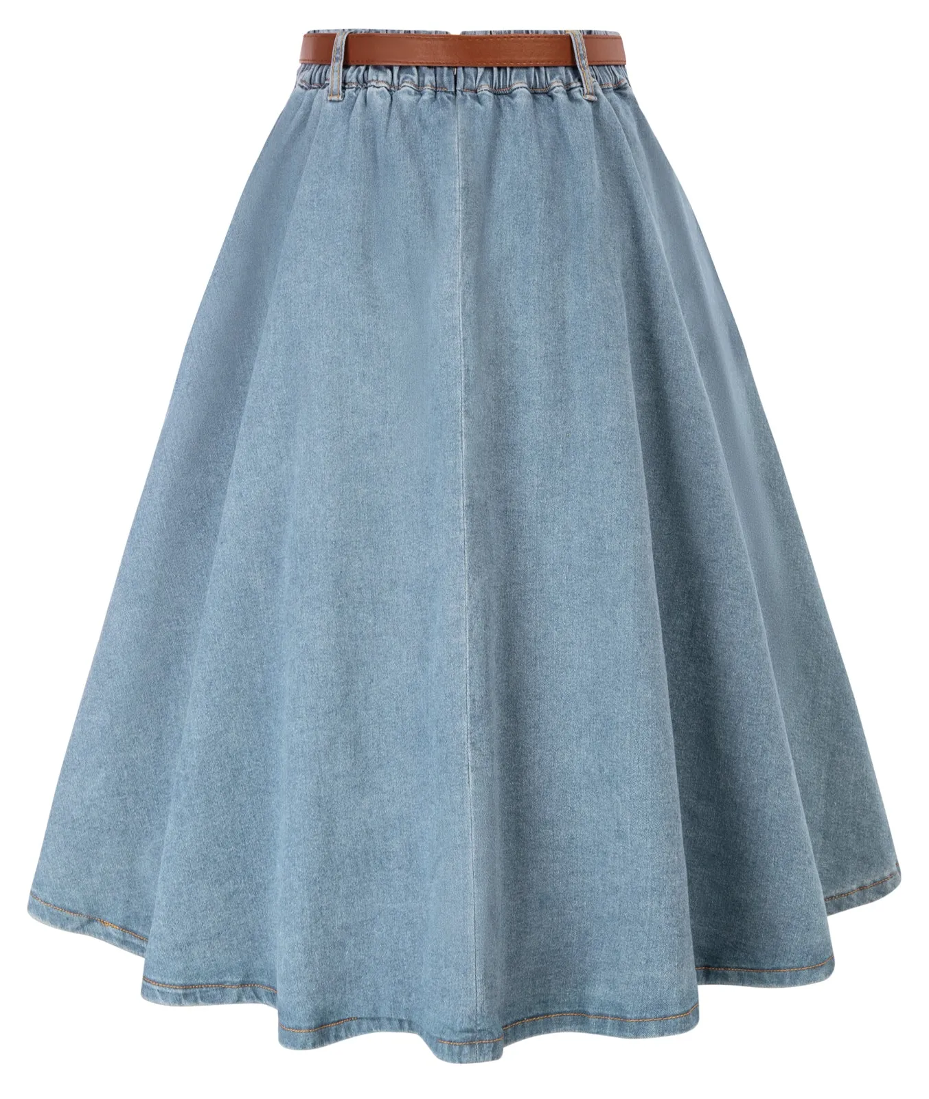 Jean Skirt with Belt Elastic High Waist A-Line Midi Skirt