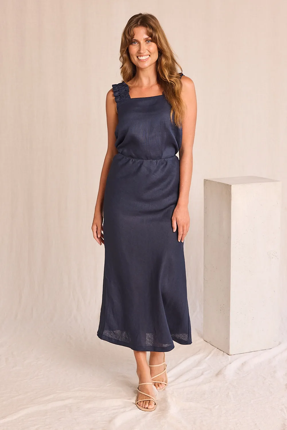 Katie Bias Cut Linen Skirt in Navy