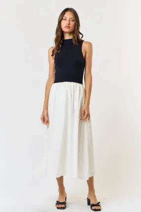 Knit Poplin Contrast Midi Dress