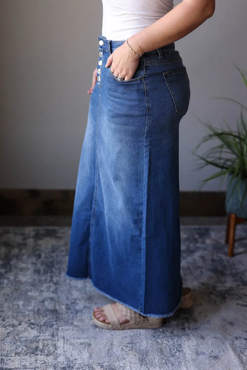 Maxine Button Fly Long Denim Skirt