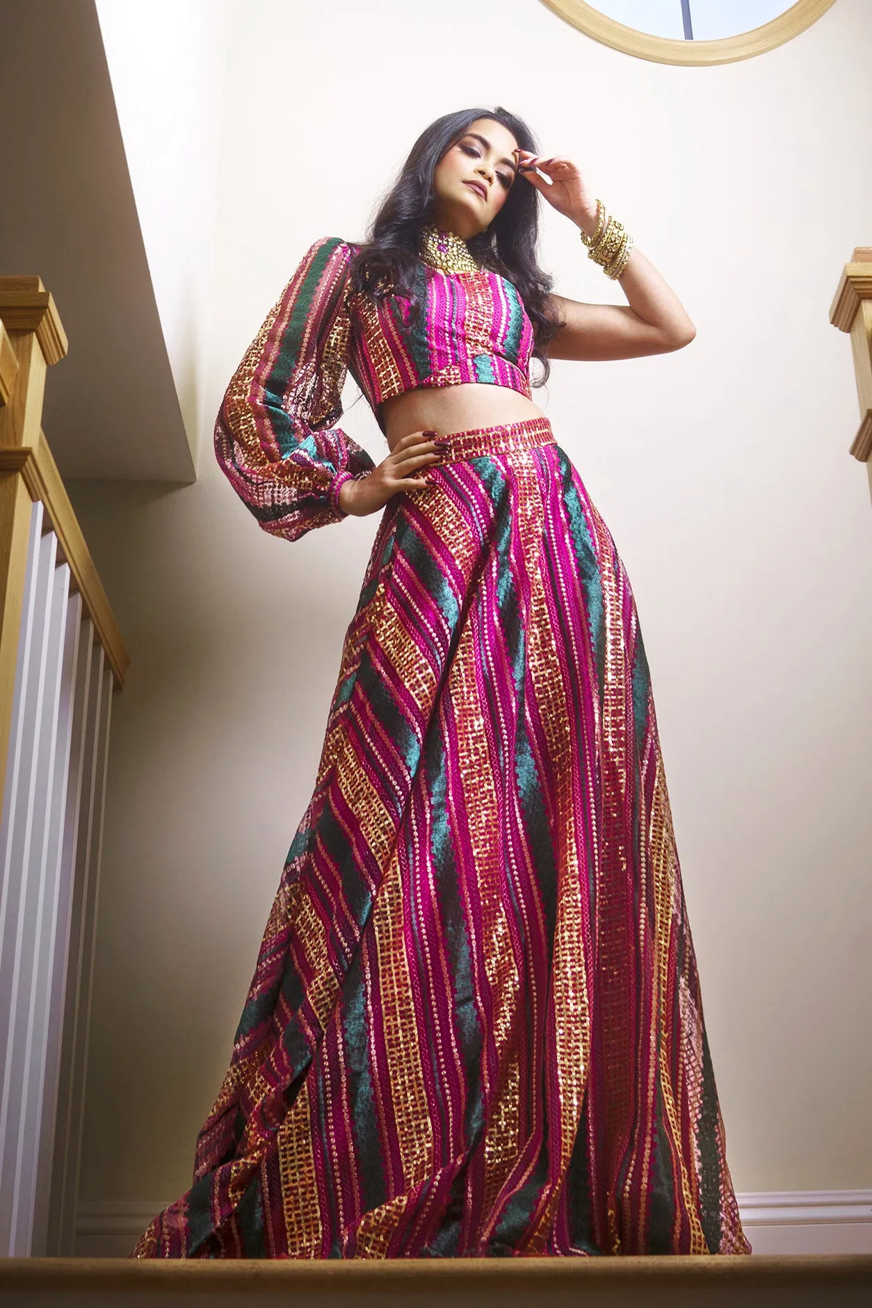 MAYRA Striped Sequin Lehenga Skirt