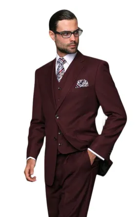 Men's 3 Piece Tailored Fit Wool Suit by Statement Color Burgundy