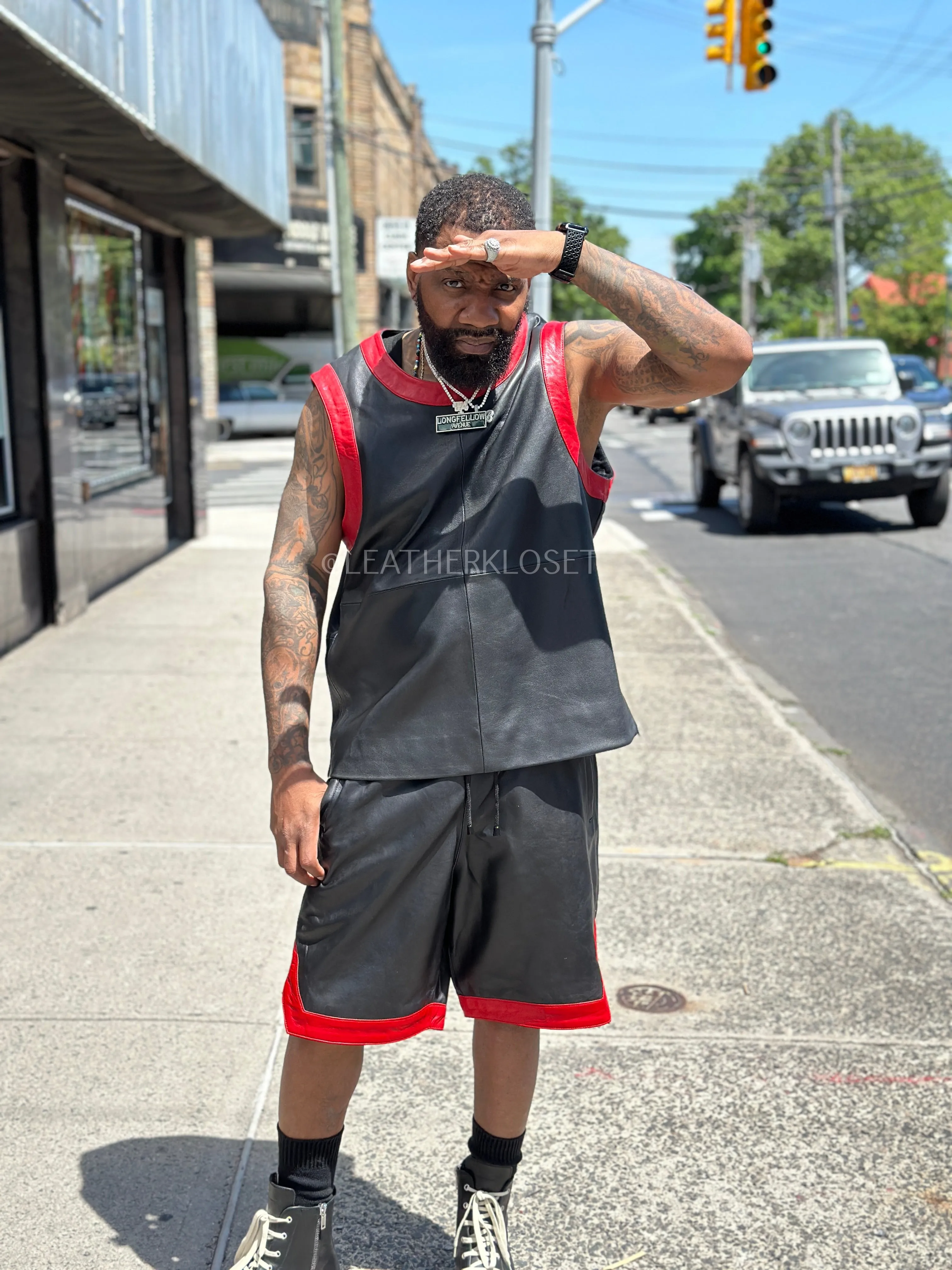 Men's Leather Crossover Leather Basketball Jersey [Black/Red]