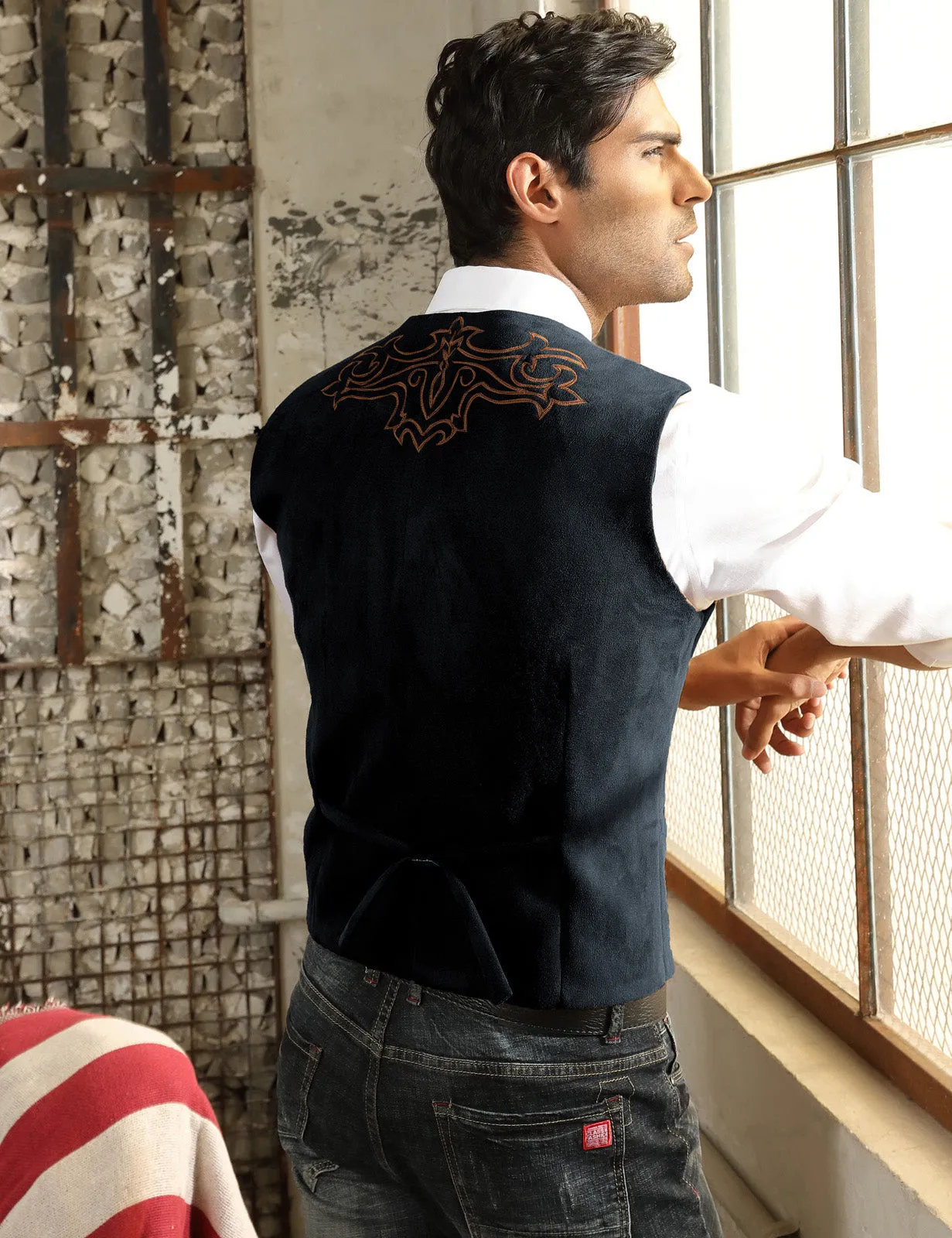 Men's Suede Leather Suit Vest Embroidery Casual Slim Fit Western Vest Waistcoat